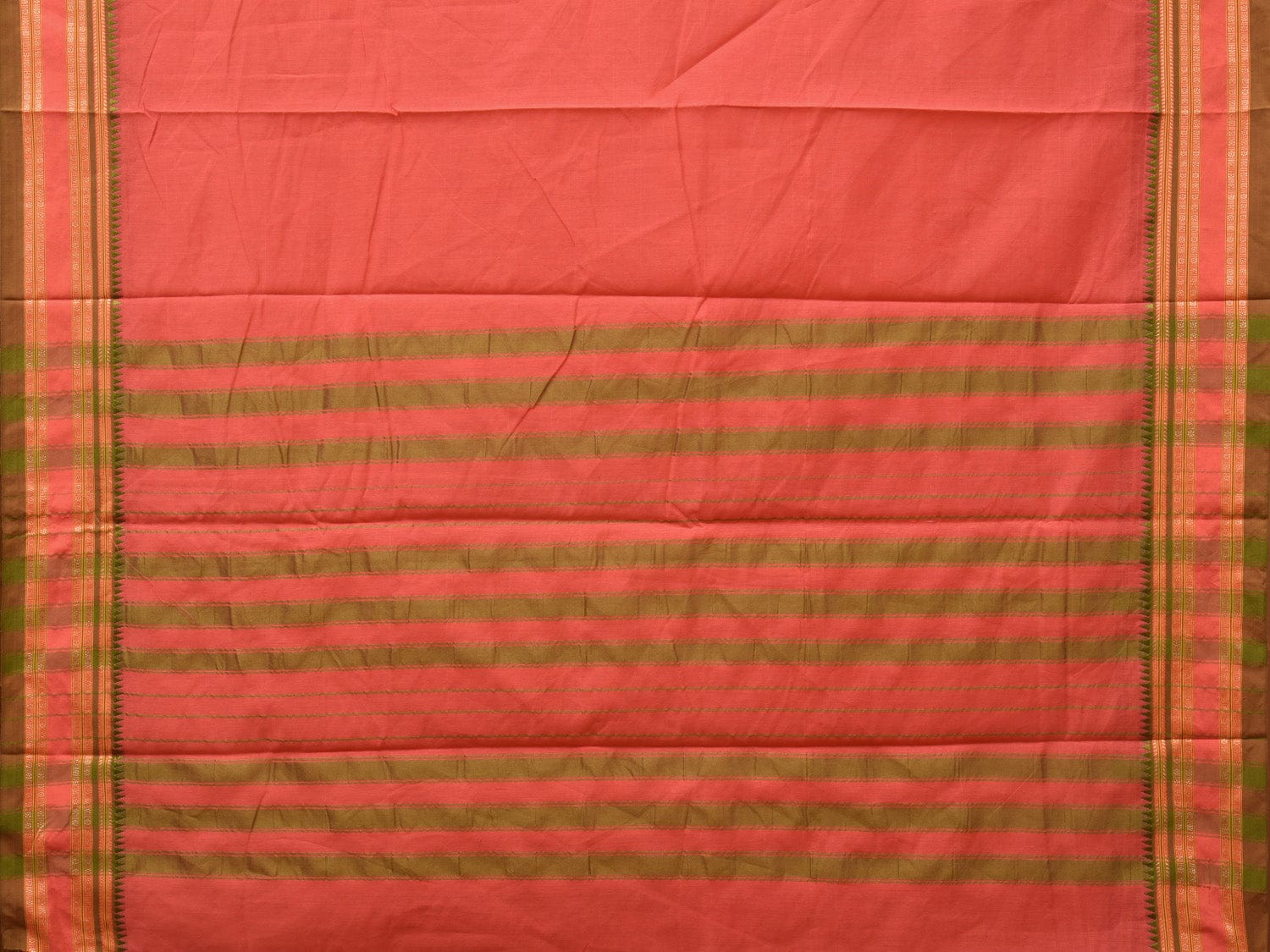 Peach Bamboo Cotton Plain Saree with Strips Pallu Design No Blouse - Global Threads