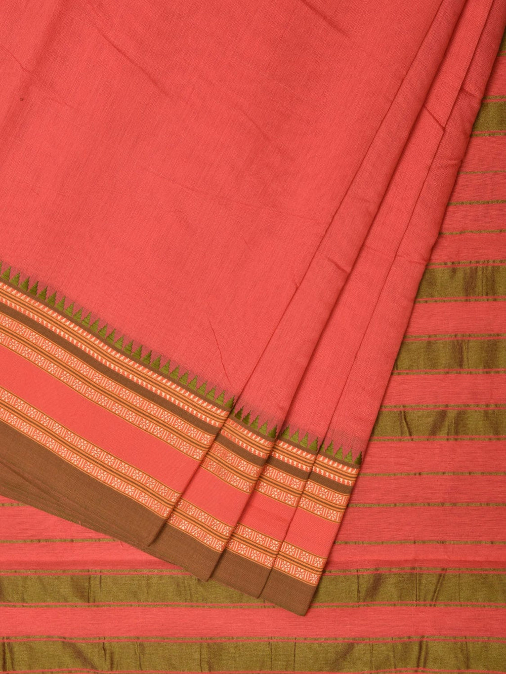 Peach Bamboo Cotton Plain Saree with Strips Pallu Design No Blouse - Global Threads