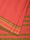 Peach Bamboo Cotton Plain Saree with Strips Pallu Design No Blouse - Global Threads