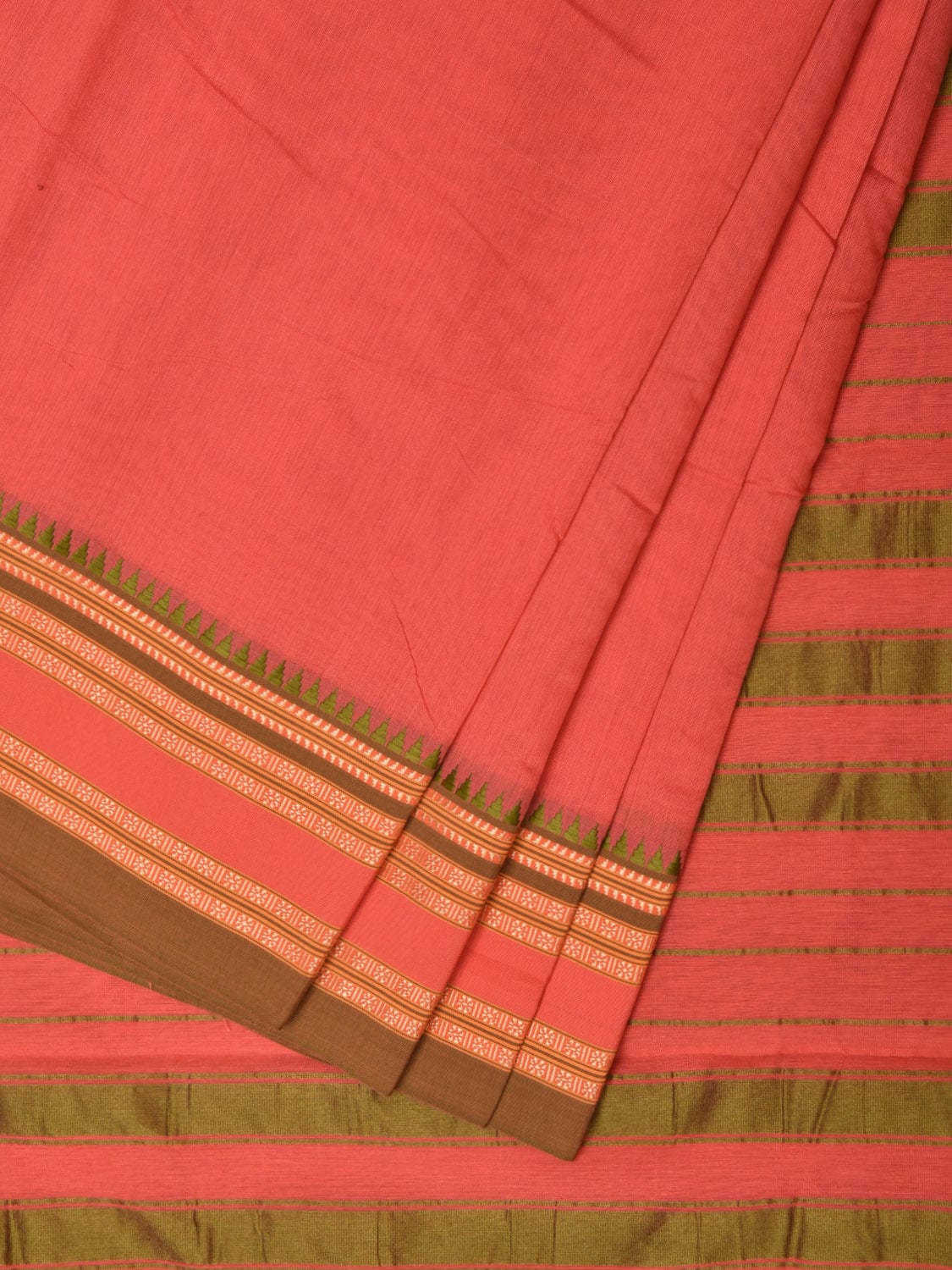 Peach Bamboo Cotton Plain Saree with Strips Pallu Design No Blouse - Global Threads