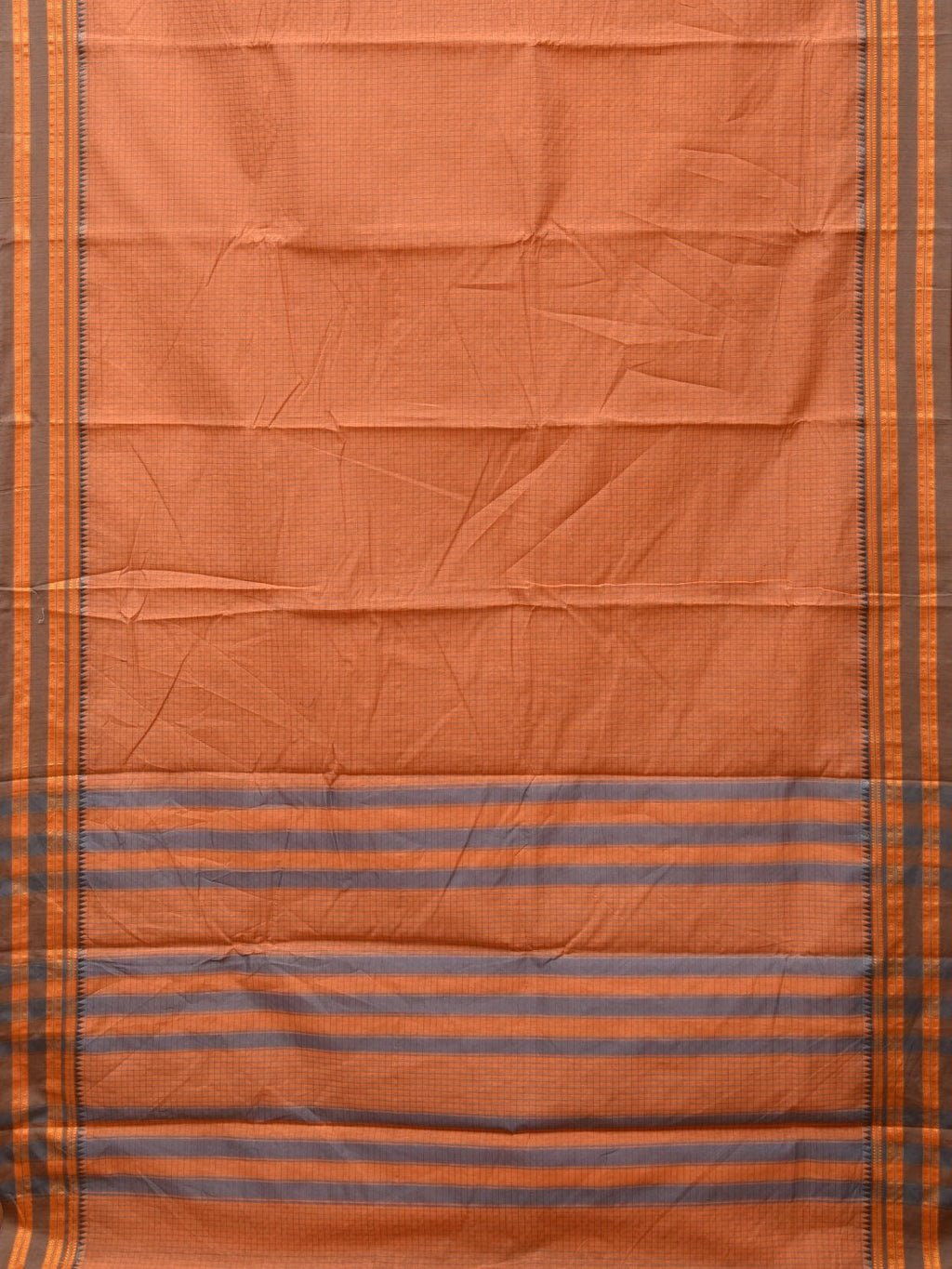 Peach Bamboo Cotton Saree with Checks Design No Blouse - Global Threads
