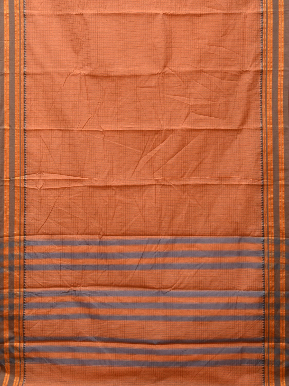 Peach Bamboo Cotton Saree with Checks Design No Blouse - Global Threads