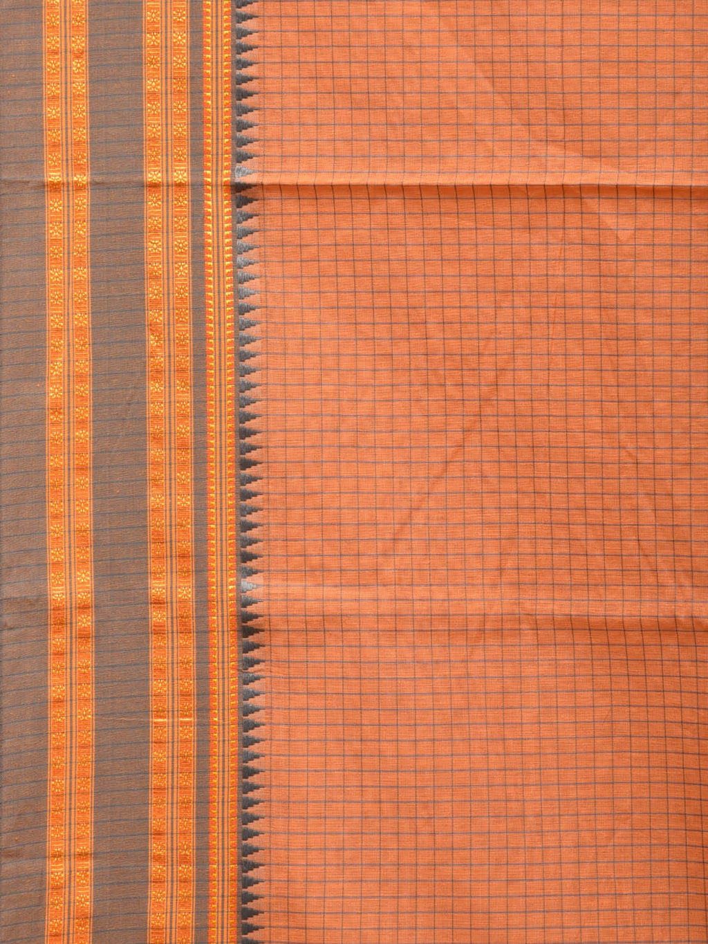 Peach Bamboo Cotton Saree with Checks Design No Blouse - Global Threads