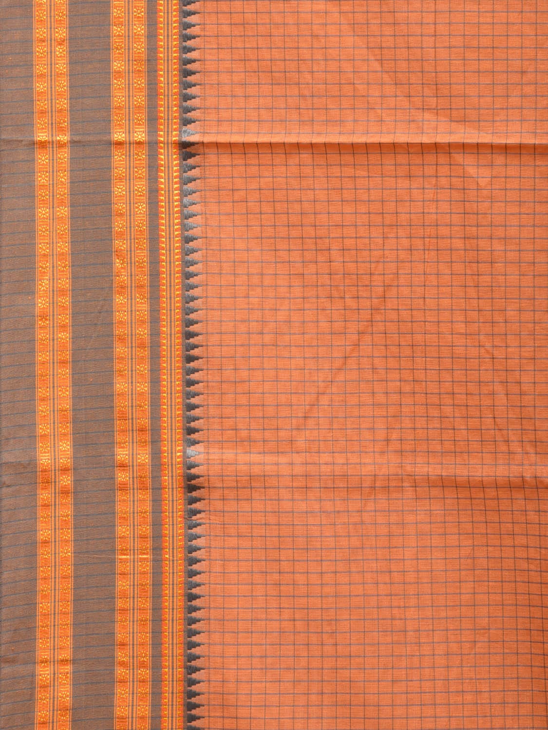Peach Bamboo Cotton Saree with Checks Design No Blouse - Global Threads
