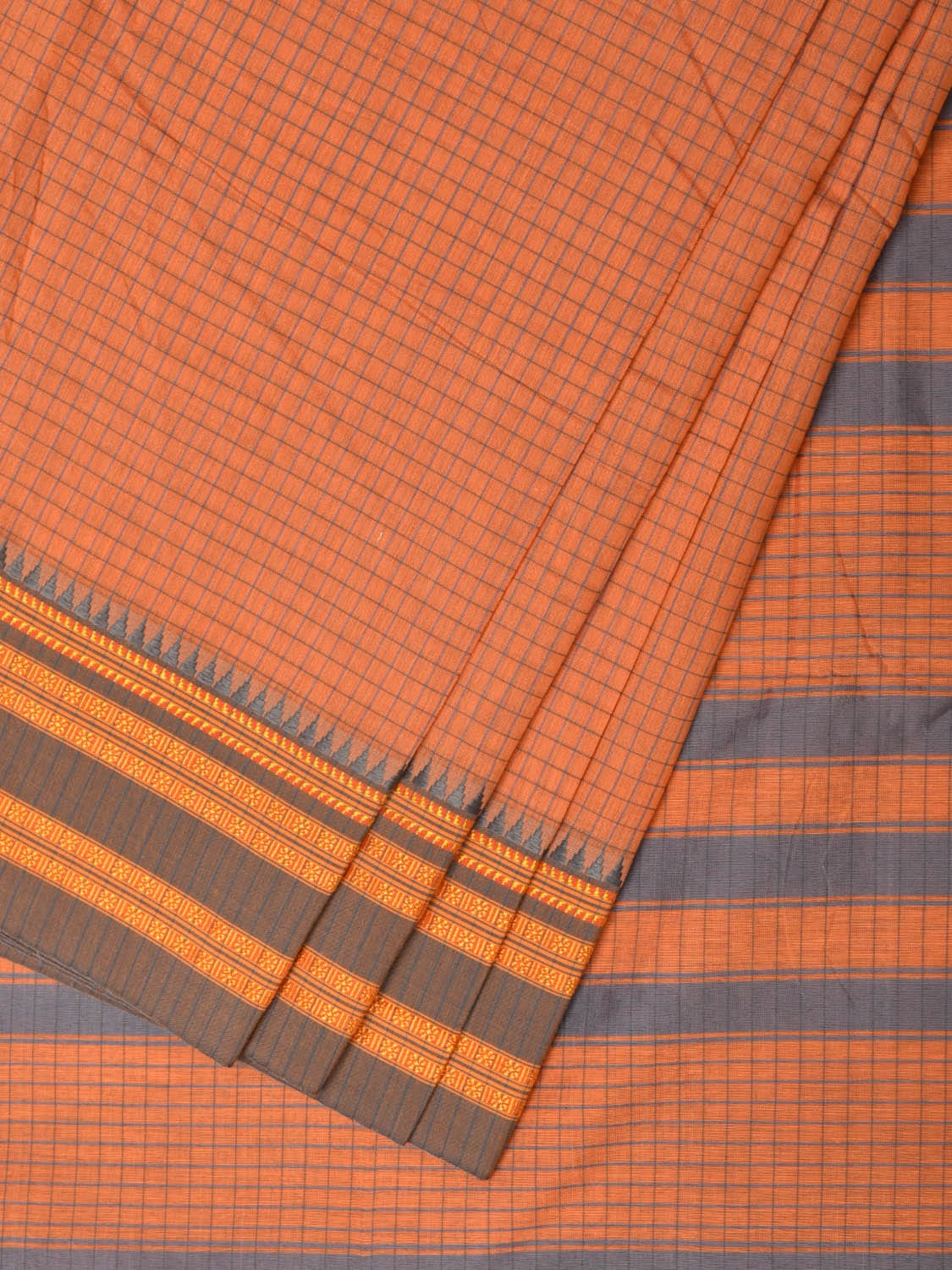 Peach Bamboo Cotton Saree with Checks Design No Blouse - Global Threads