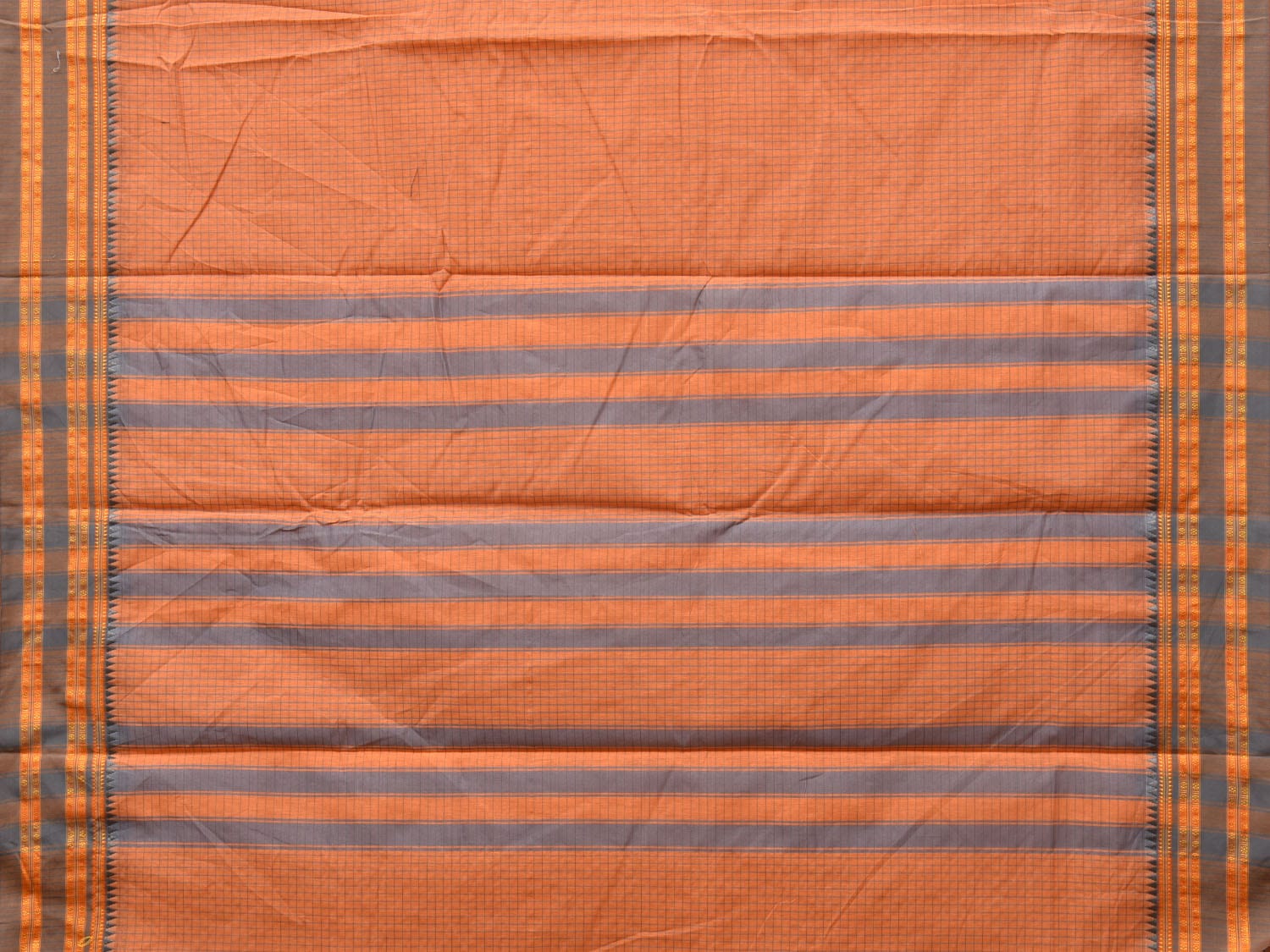 Peach Bamboo Cotton Saree with Checks Design No Blouse - Global Threads