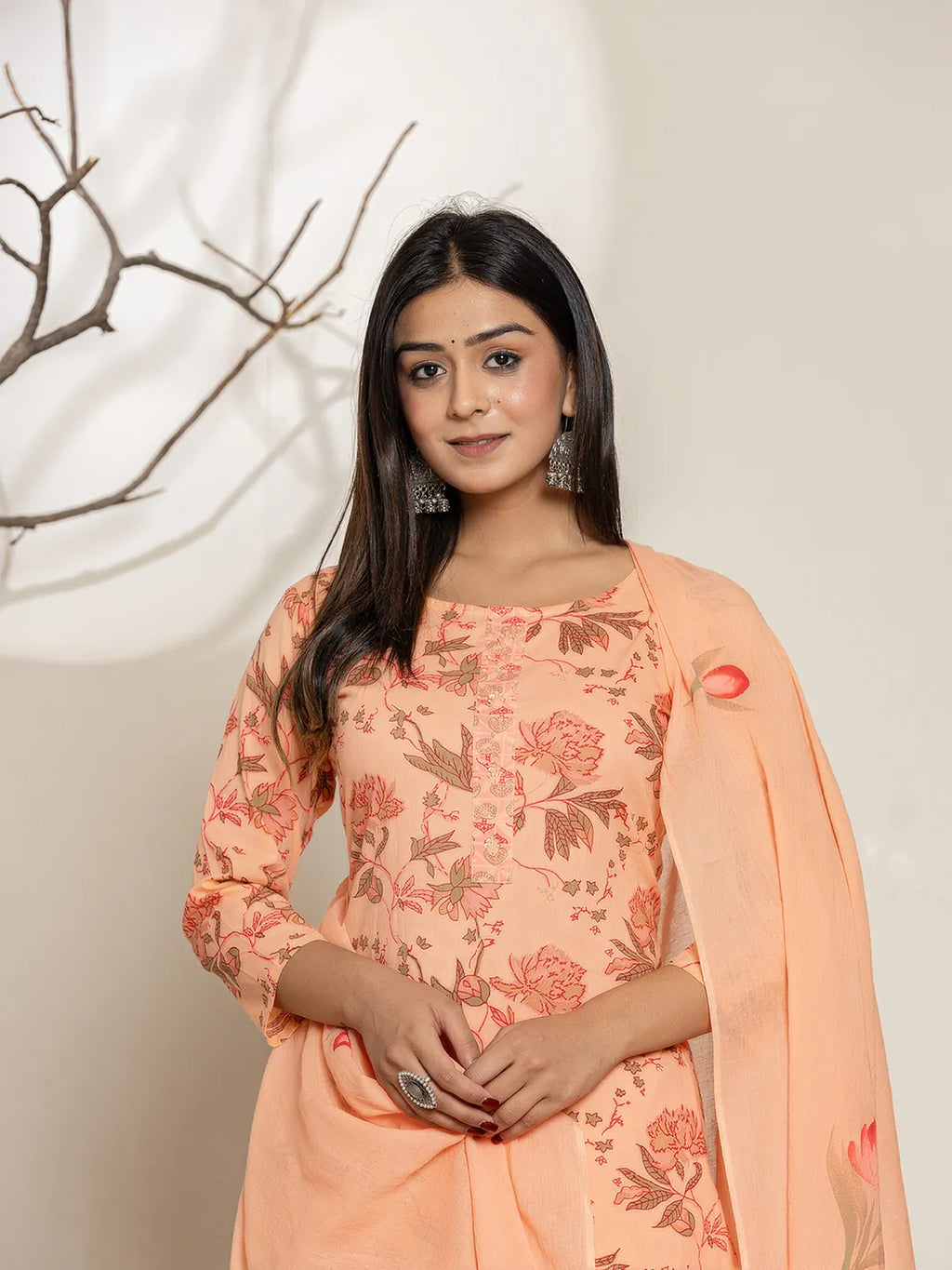 Yufta Peach Cotton Floral Print Kurta Dupatta Set