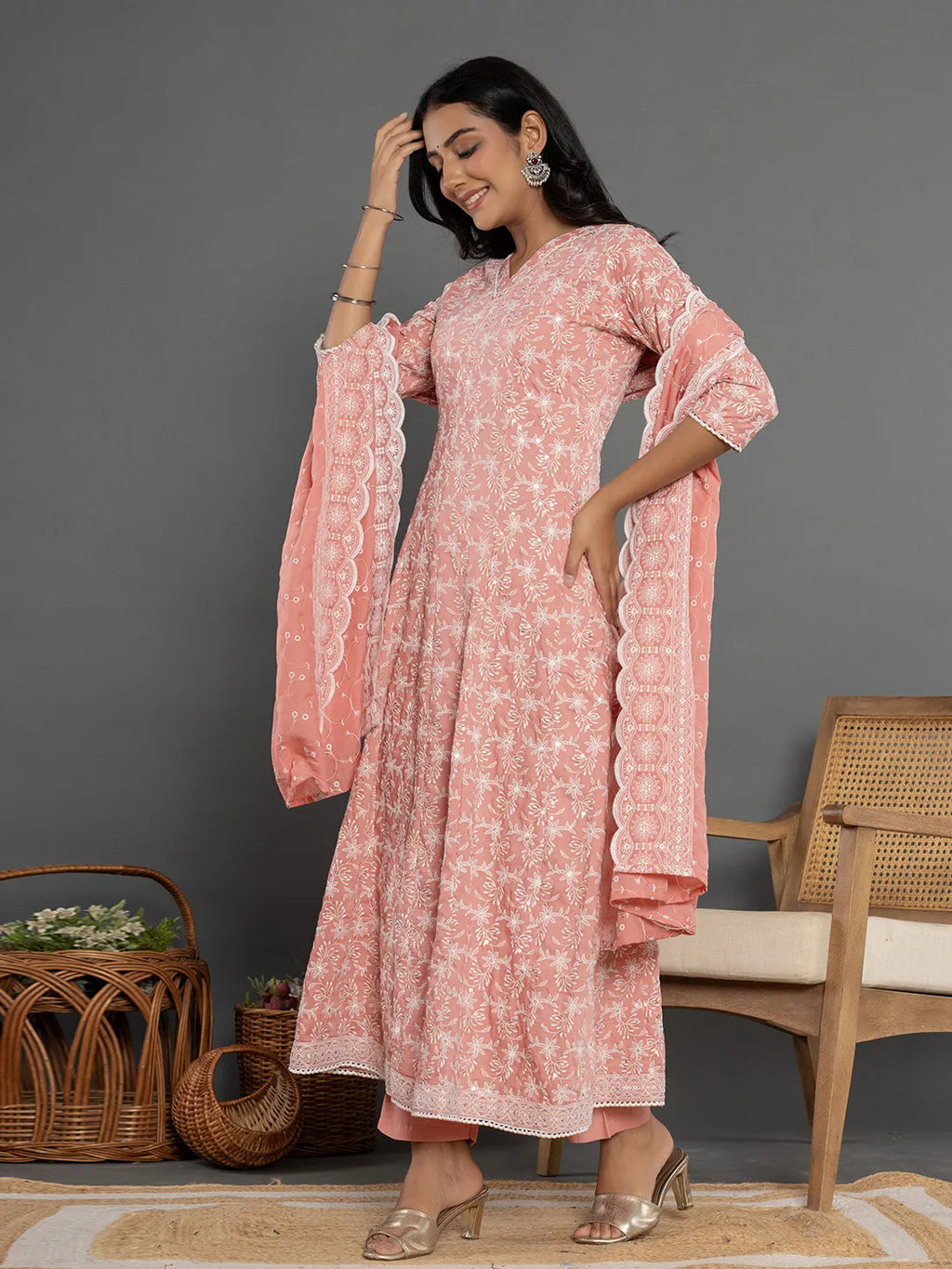 Yufta Peach Cotton Silk Embroidered Anarkali Kurta Dupatta Set