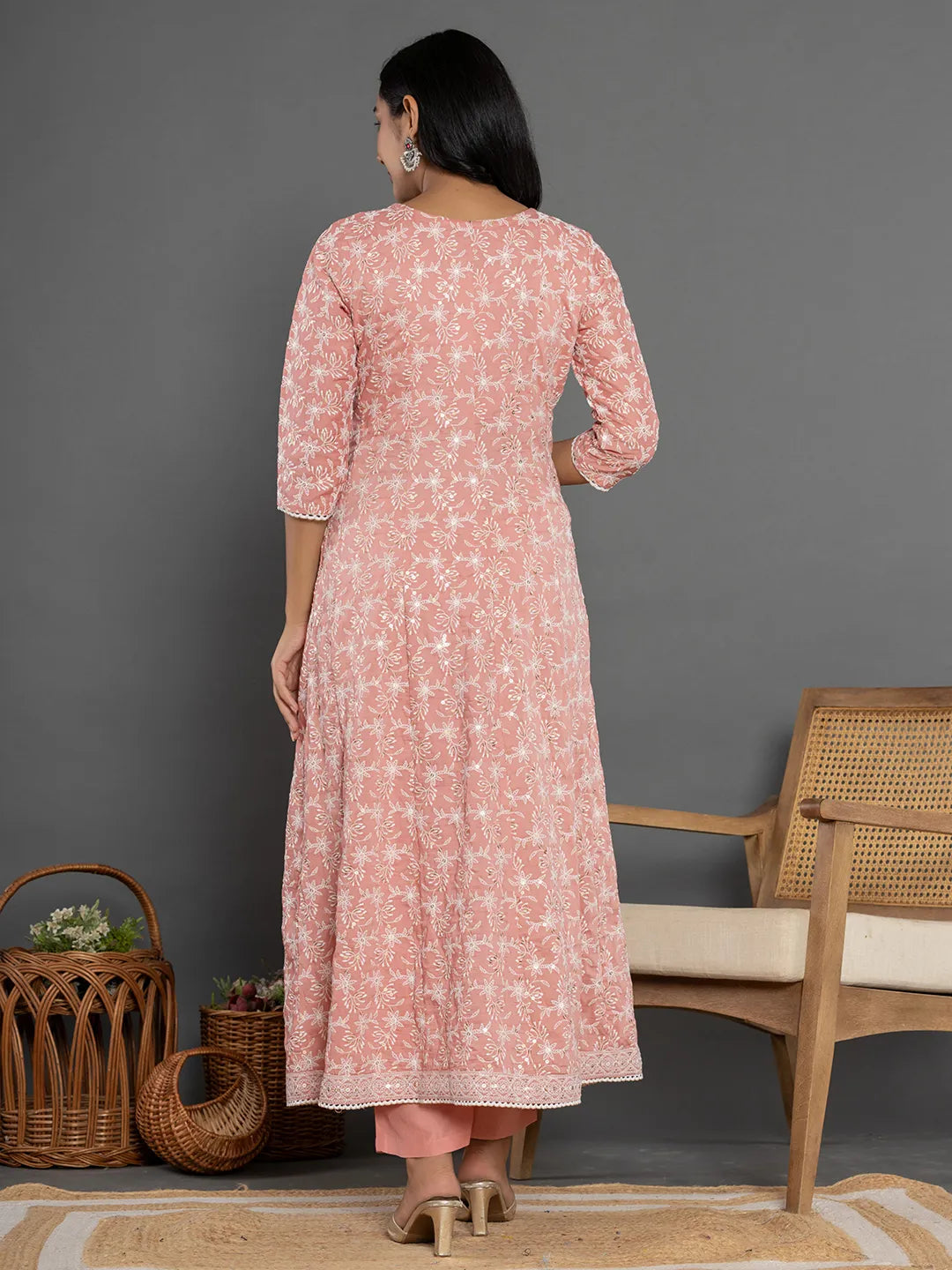 Yufta Peach Cotton Silk Embroidered Anarkali Kurta Dupatta Set