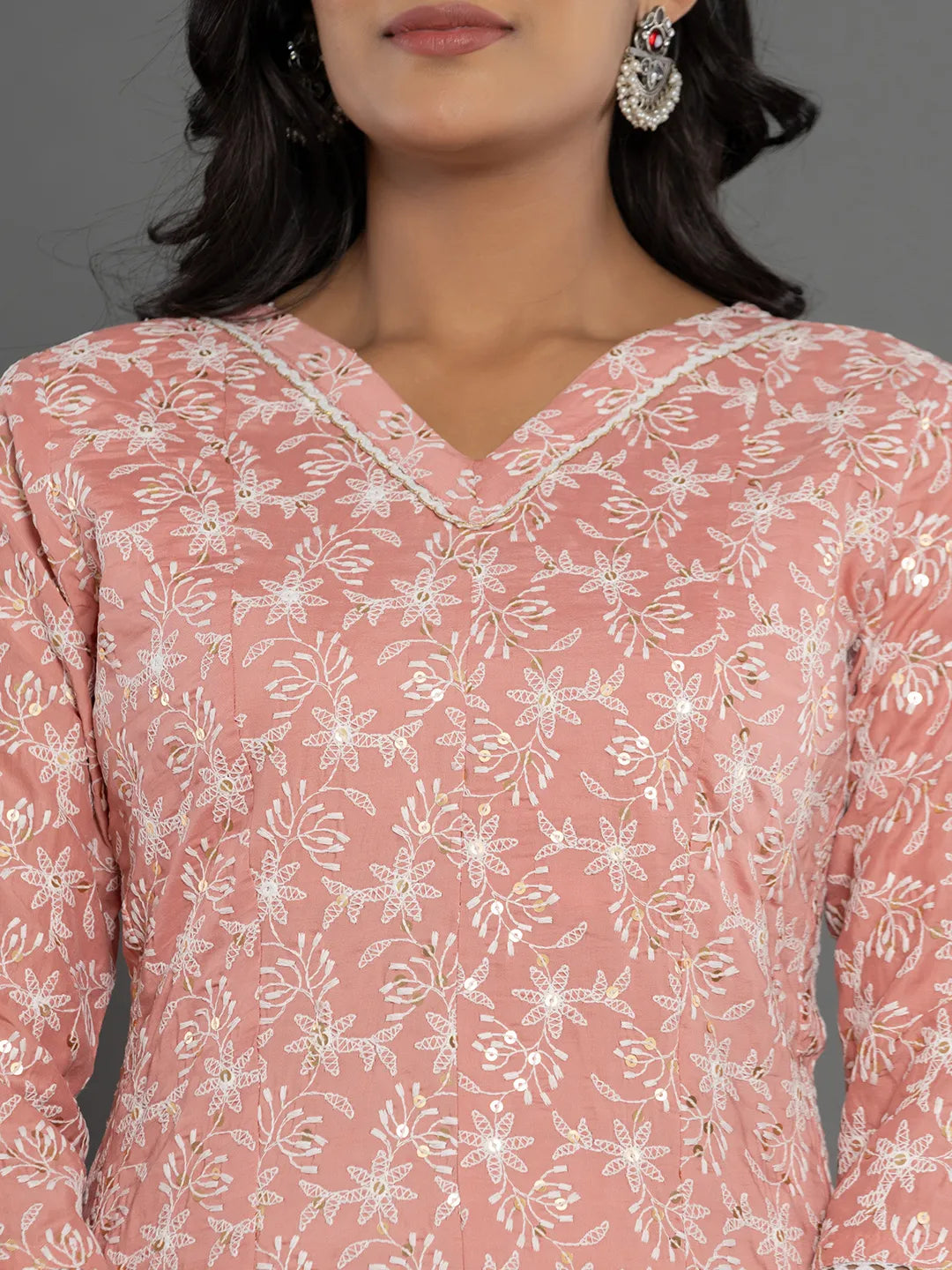 Yufta Peach Cotton Silk Embroidered Anarkali Kurta Dupatta Set