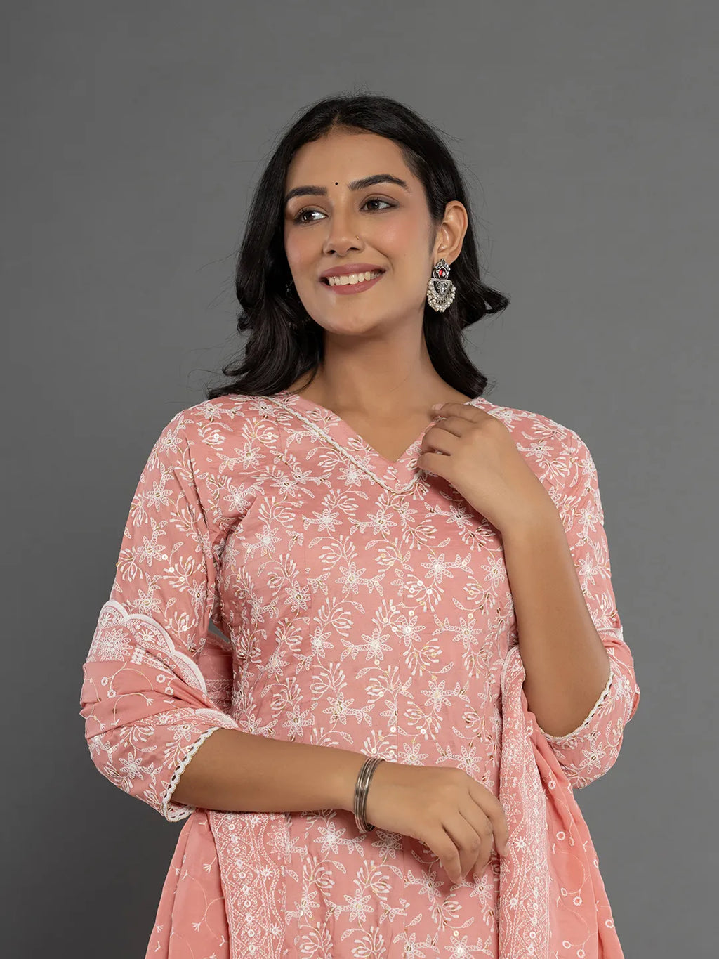 Yufta Peach Cotton Silk Embroidered Anarkali Kurta Dupatta Set