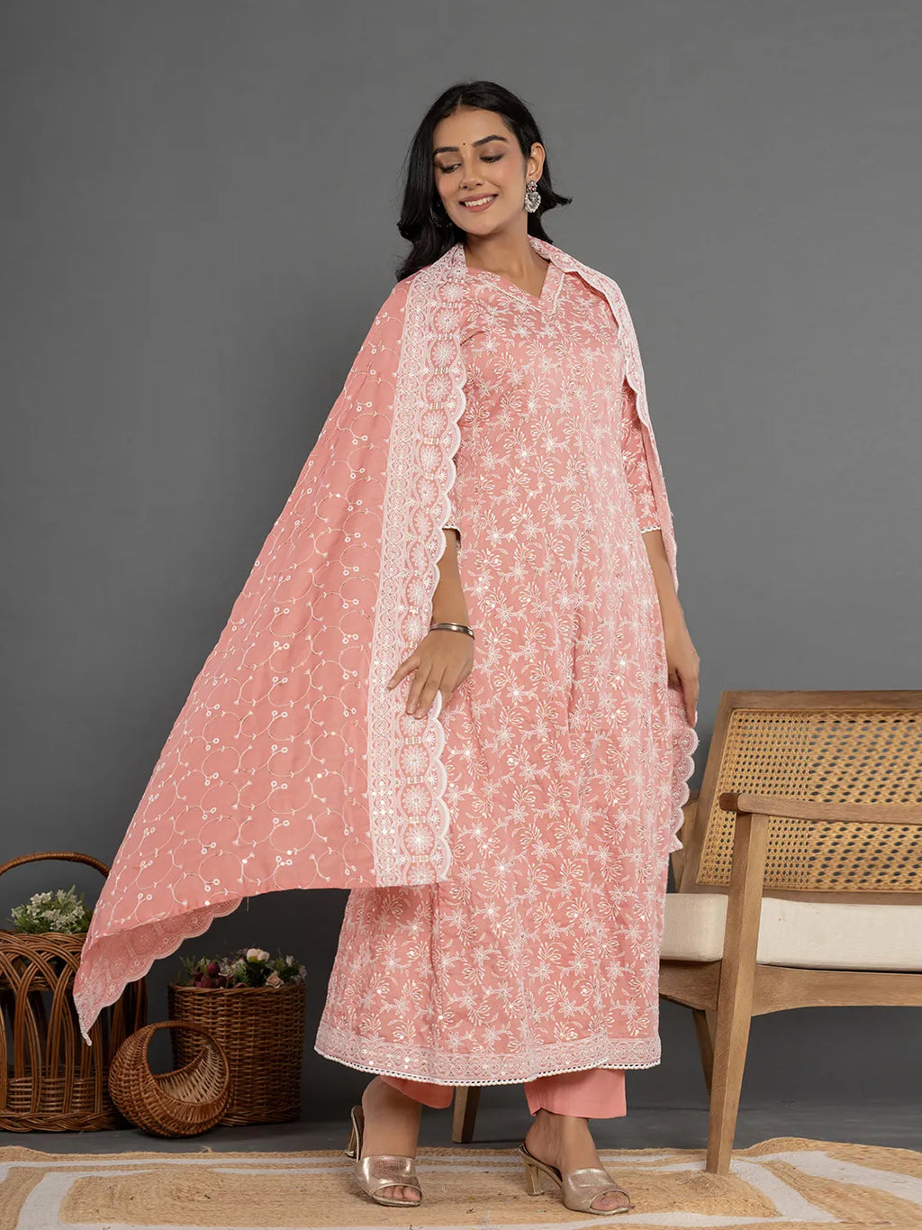 Yufta Peach Cotton Silk Embroidered Anarkali Kurta Dupatta Set