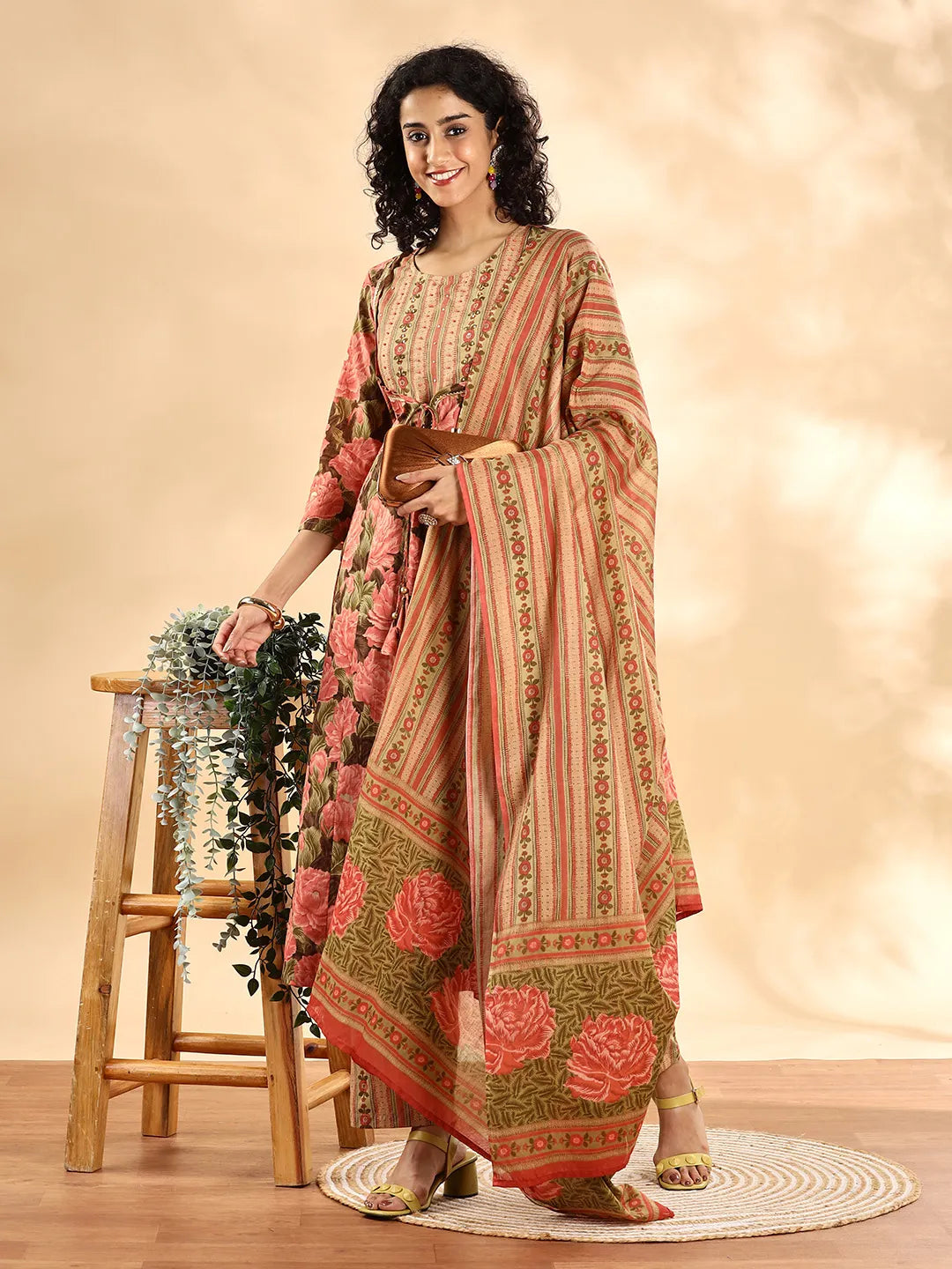 Yufta Peach Floral Print Sequins Work Anarkali Kurta And Trouser With Dupatta Set