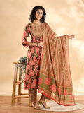 Yufta Peach Floral Print Sequins Work Anarkali Kurta And Trouser With Dupatta Set