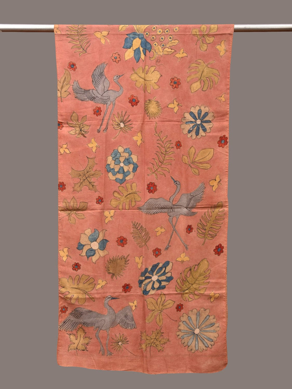 Peach Kalamkari Hand Painted Sico Stole with Floral and Birds Design - Global Threads