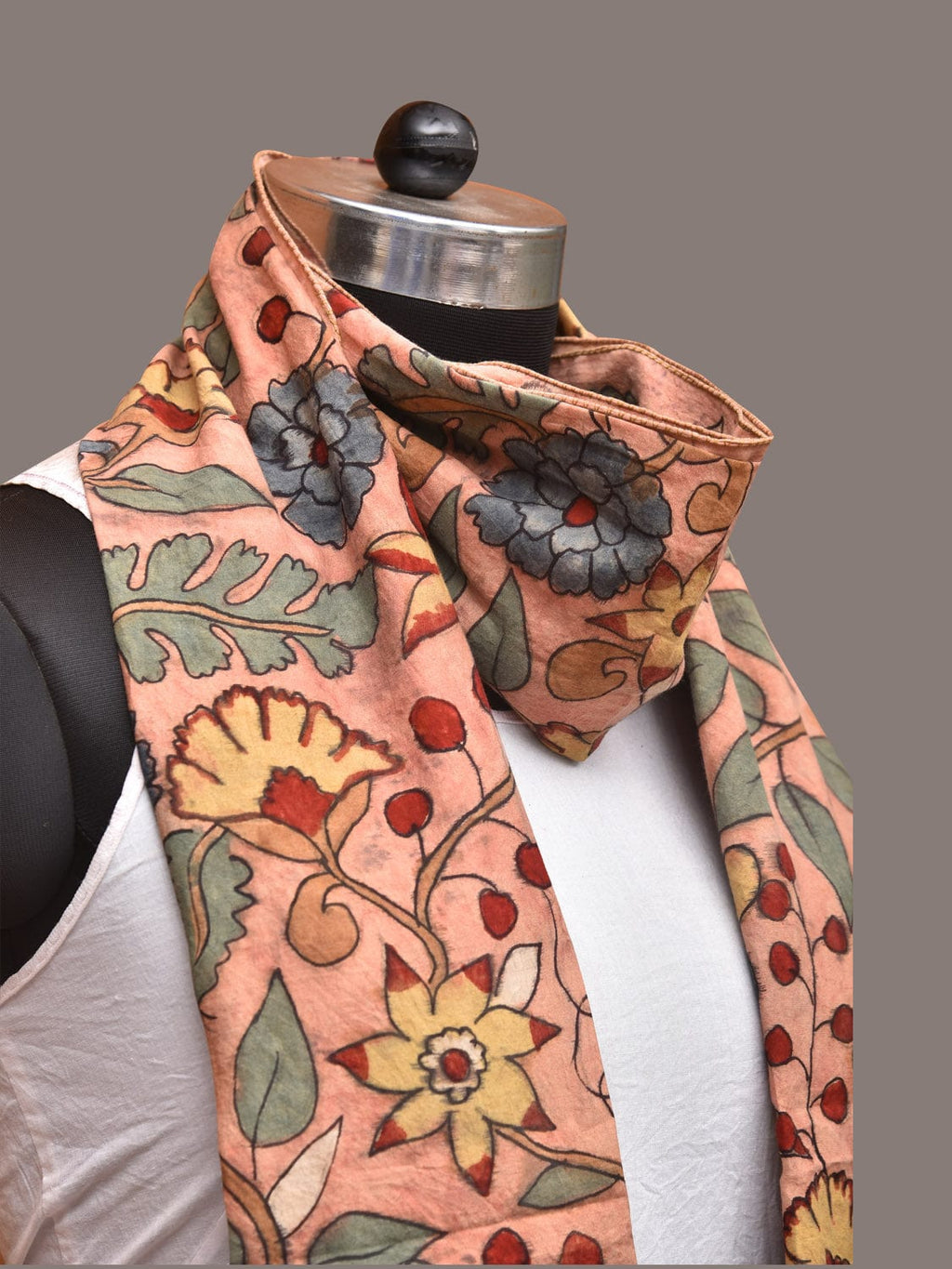 Peach Kalamkari Hand Painted Sico Stole with Floral Design - Global Threads