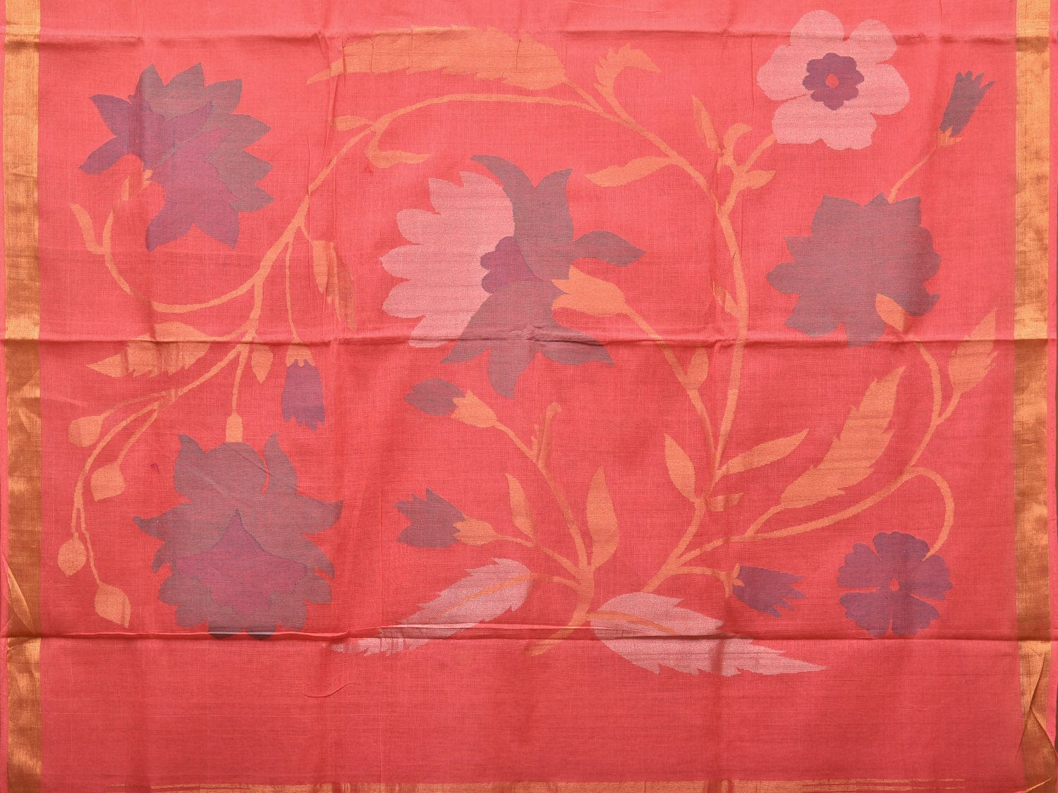 Peach Khadi Cotton Handloom Saree with Big Floral Pallu Design - Global Threads