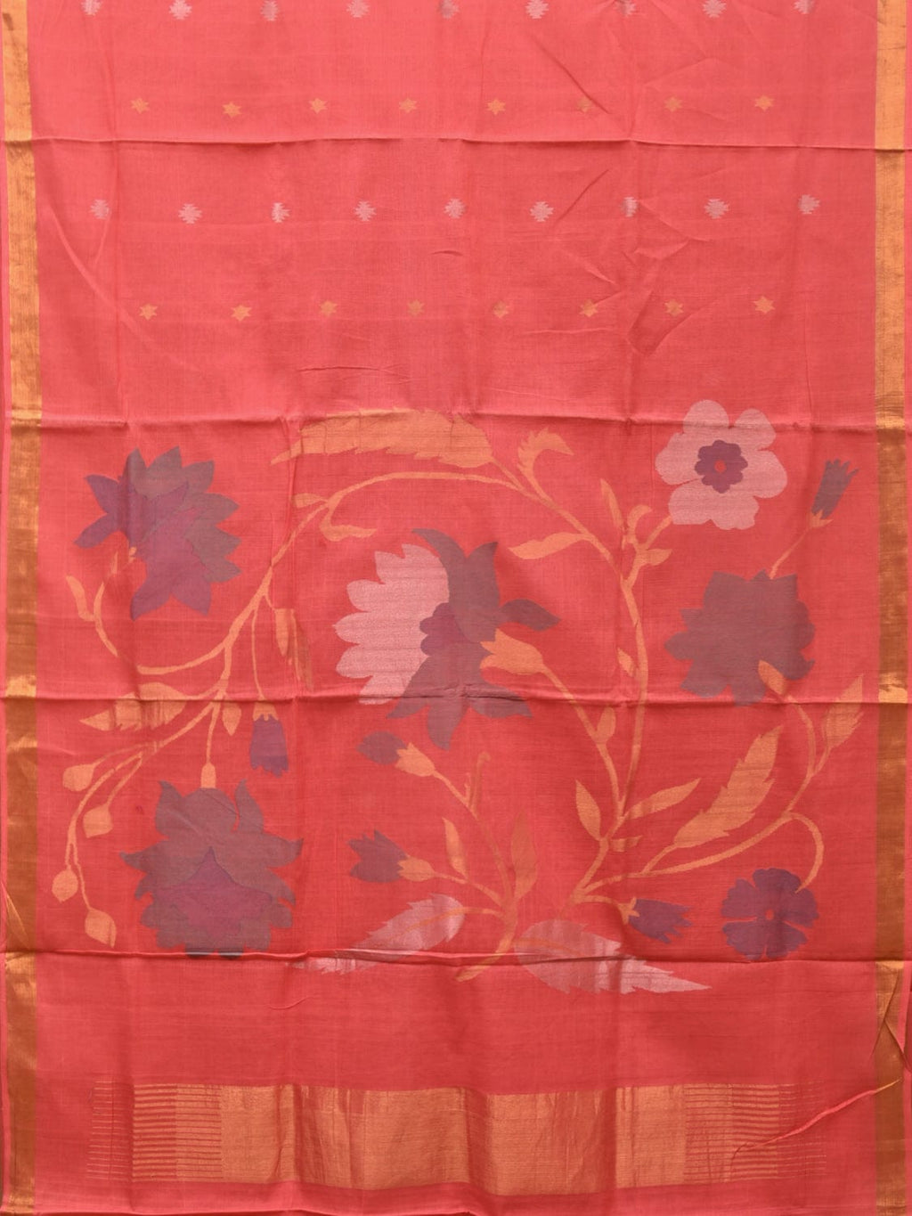 Peach Khadi Cotton Handloom Saree with Big Floral Pallu Design - Global Threads