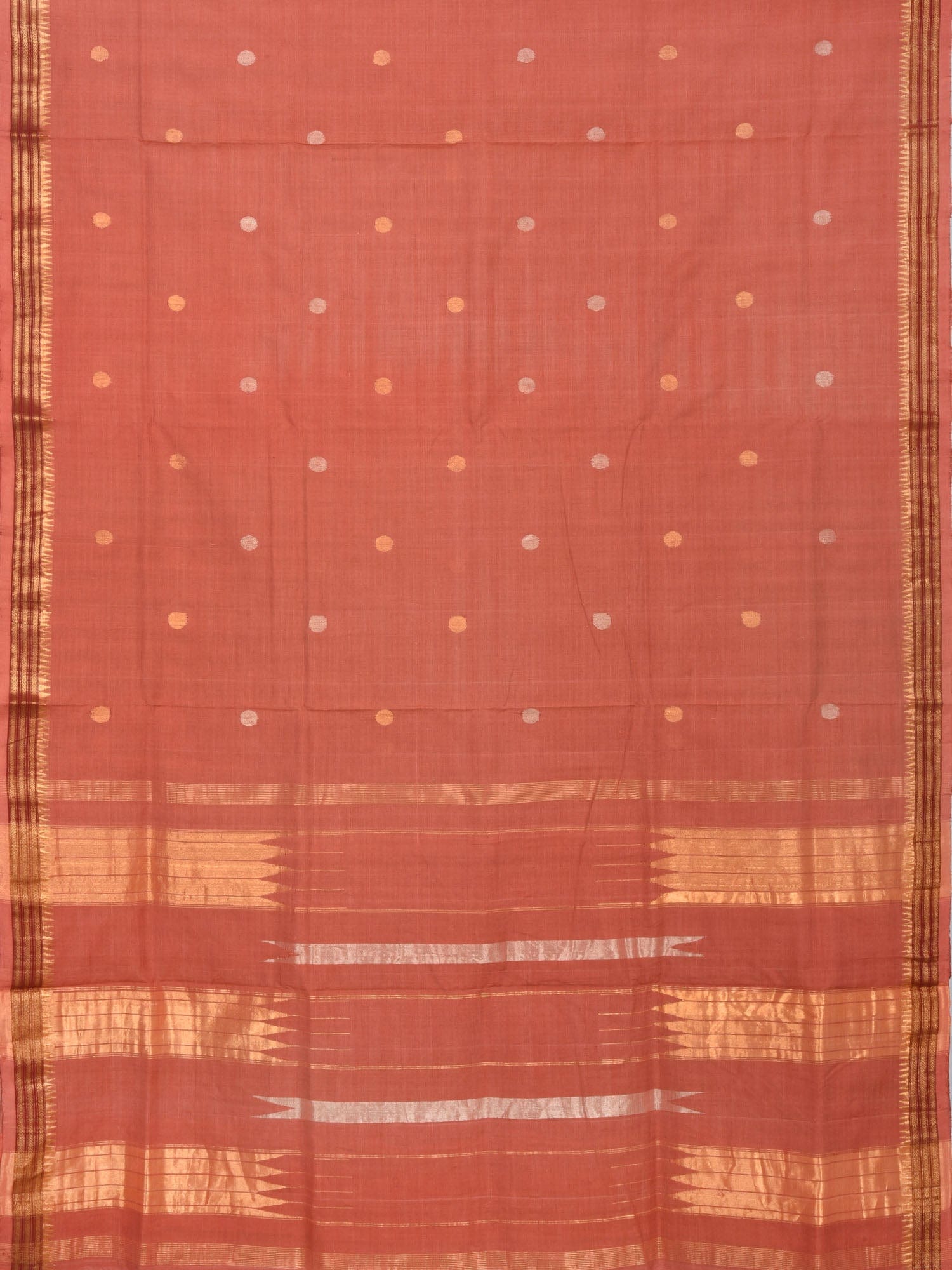 Peach Khadi Cotton Handloom Saree with Buta and Dobi Border Design - Global Threads