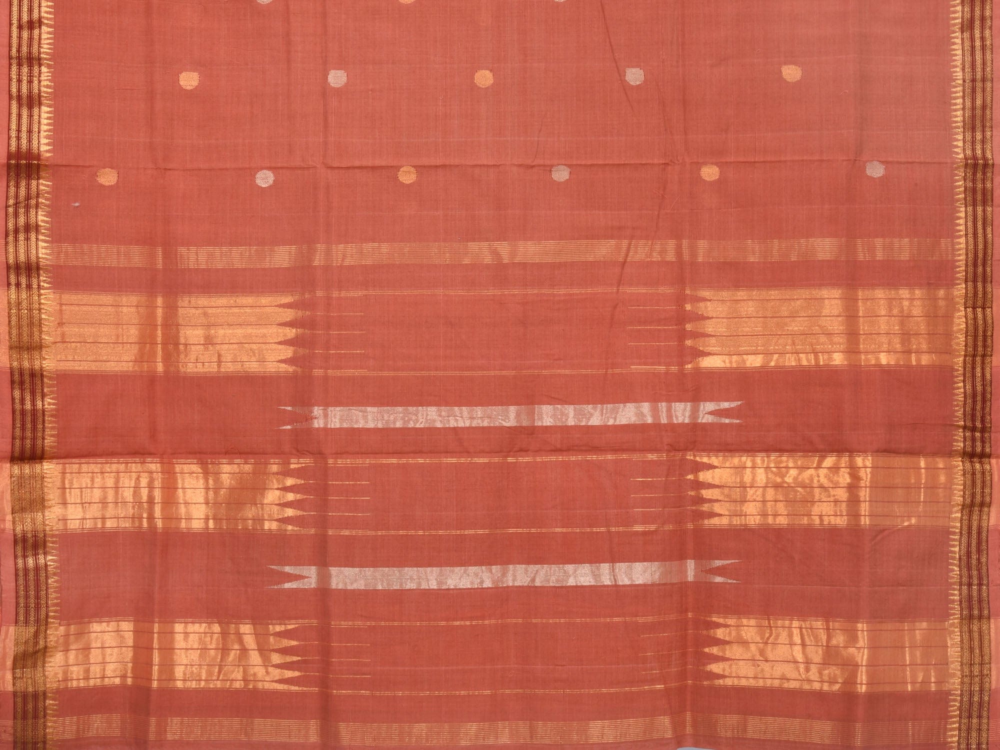 Peach Khadi Cotton Handloom Saree with Buta and Dobi Border Design - Global Threads