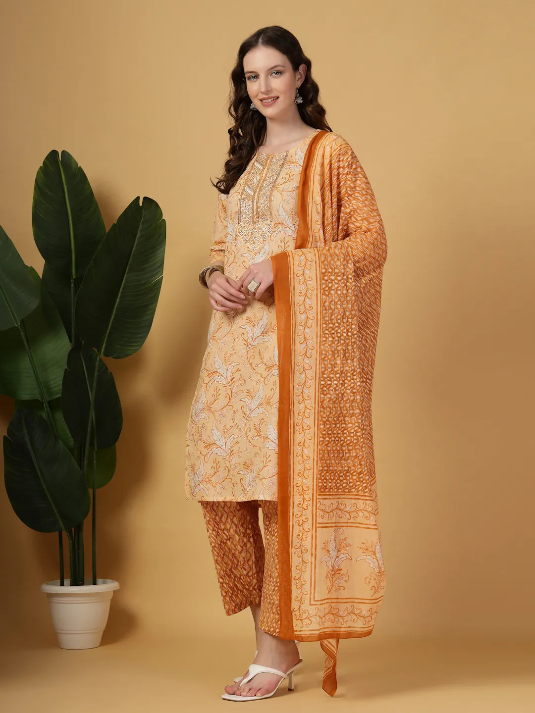 Yufta Peach Pure Cotton Kurta Dupatta Pant Set
