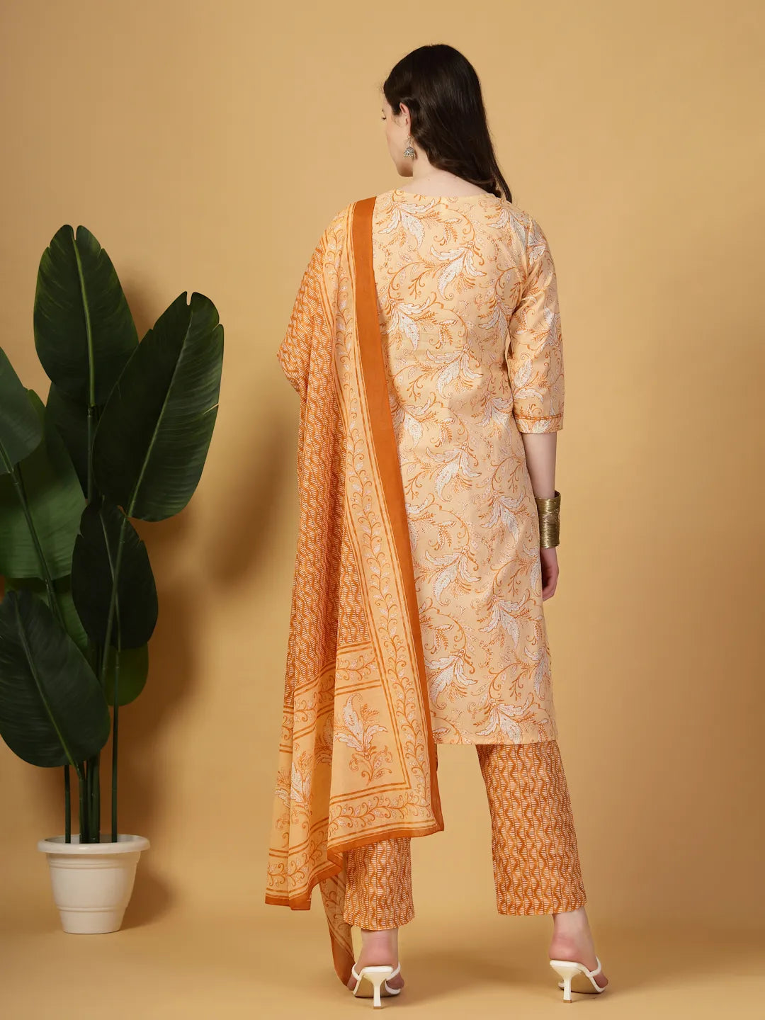 Yufta Peach Pure Cotton Kurta Dupatta Pant Set