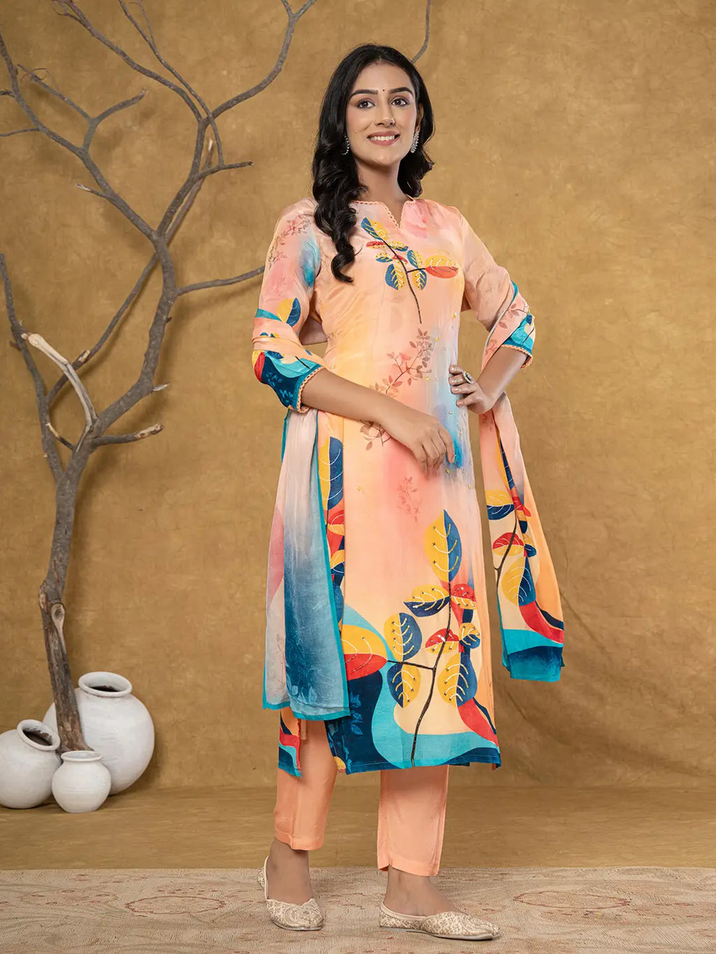 Yufta Peach Pure Crepe Placement Print Band Collar Kurta Dupatta Set