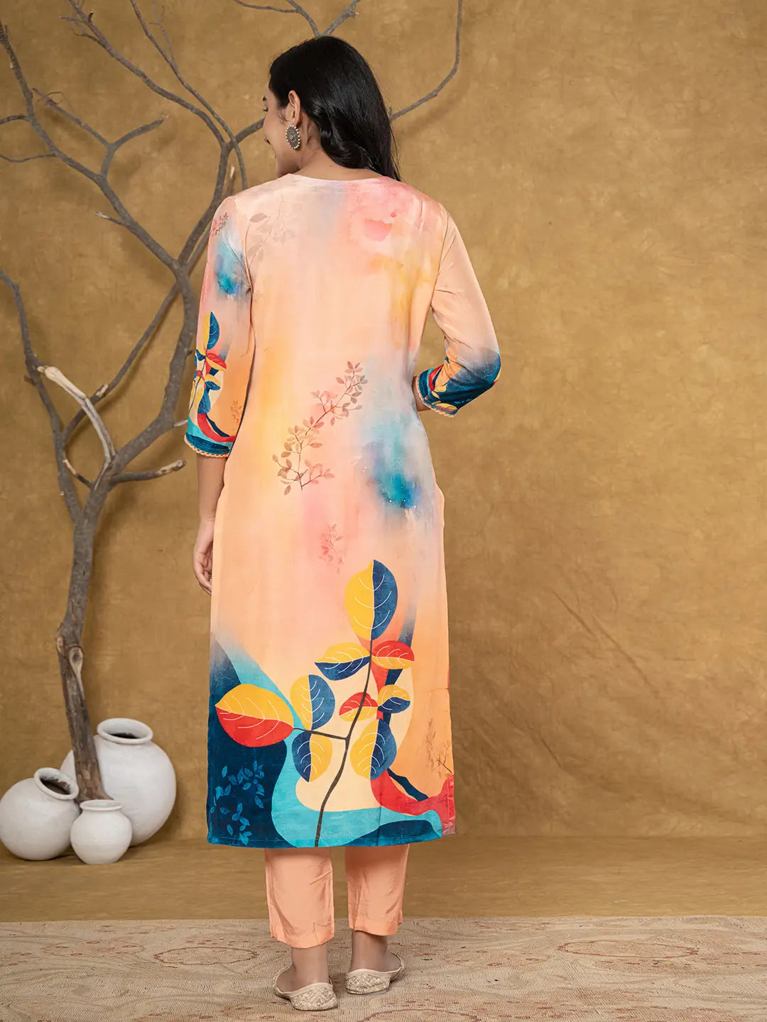 Yufta Peach Pure Crepe Placement Print Band Collar Kurta Dupatta Set