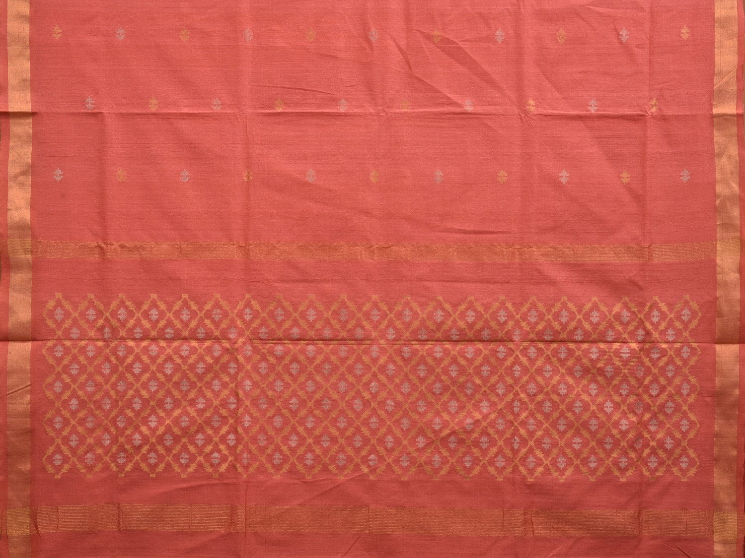 Peach Uppada Cotton Handloom Saree with Jamdani Pallu Design No Blouse - Global Threads