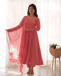 Evanik Peach Heavy Faux Georgette With Lucknowi Work Anarkali Suit