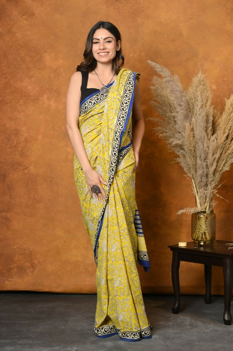 Very Much Indian Handblock Printed Cotton Saree With Natural Dyes - Green