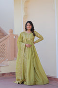 Evanik Perrot Gold-Crush Fabric with Sequins & Multi Embroidered work Gown Dupatta