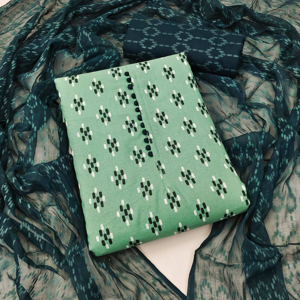 Sea Green Cotton Printed Unstitched Dress Material - Amara
