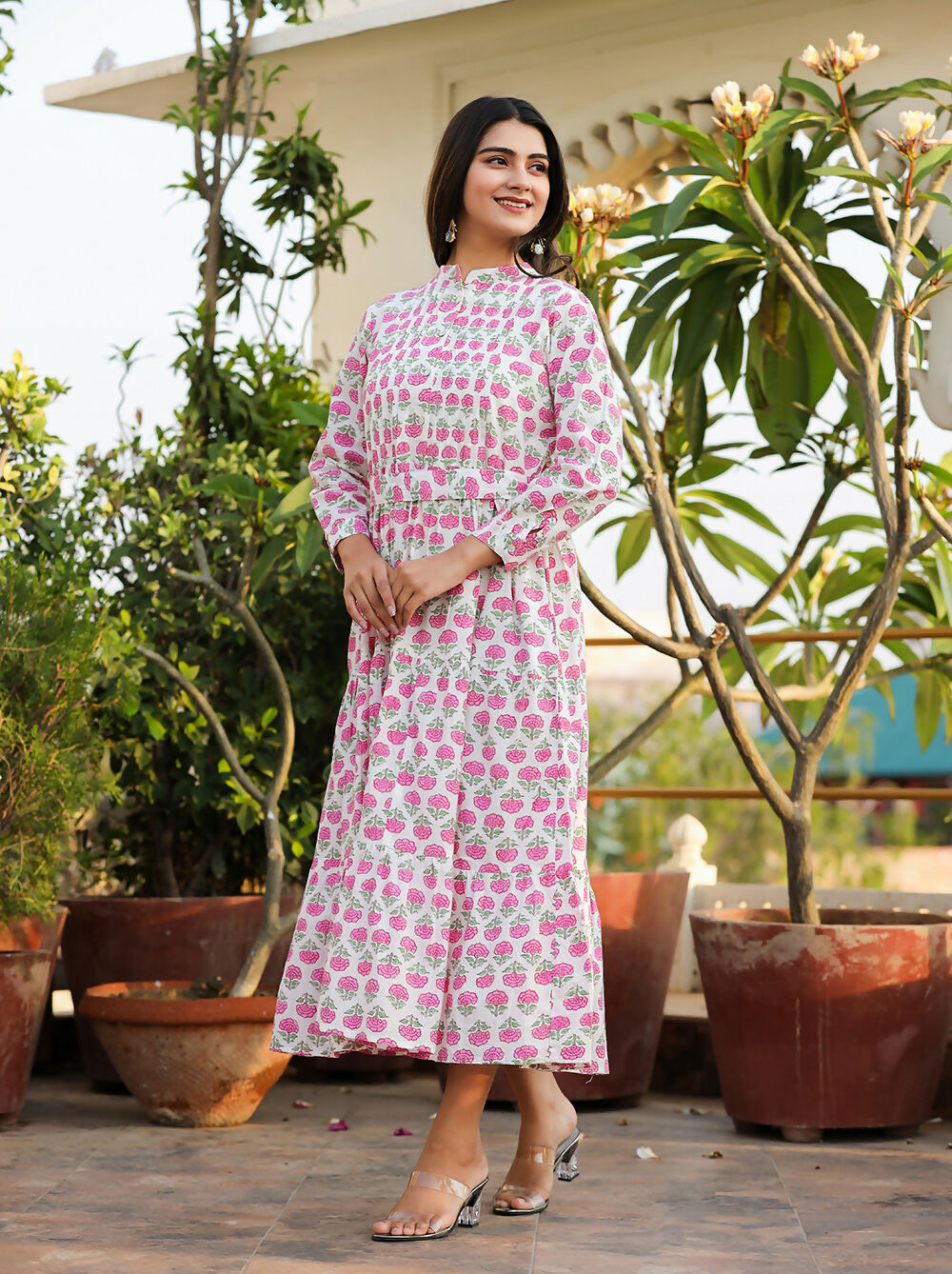 Kaajh Women's Pink Floral Print Cotton Handblock Dress