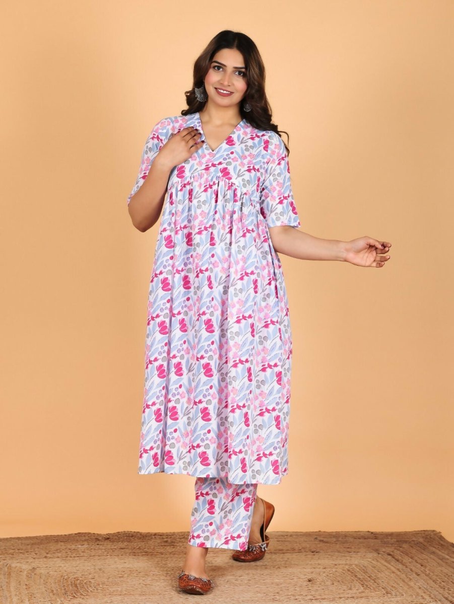 Aramya Pink Soft Cotton Floral Anarkali Kurta for Women