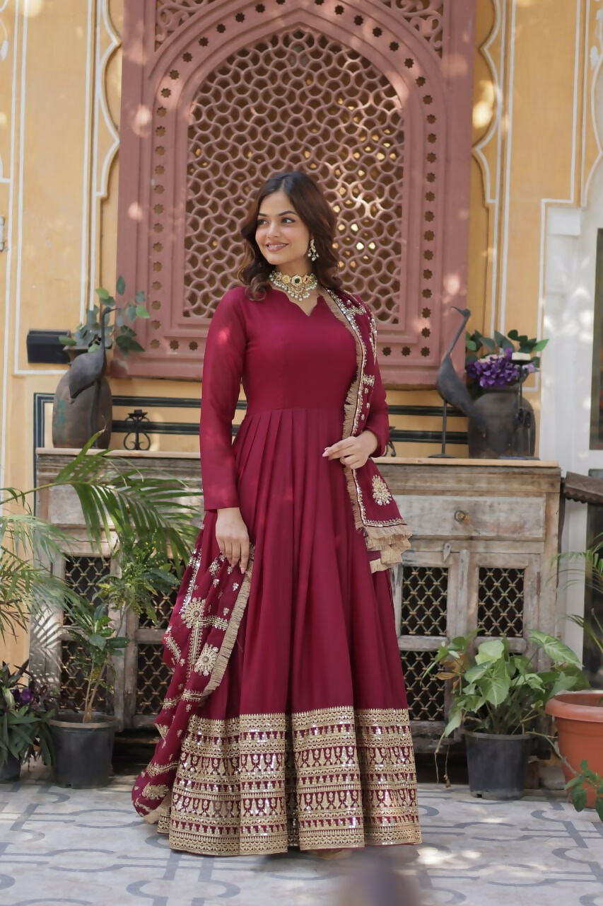 Vastranavya Star Georgette with Embroidery Zari Sequins-work Gown & Dupatta - Maroon