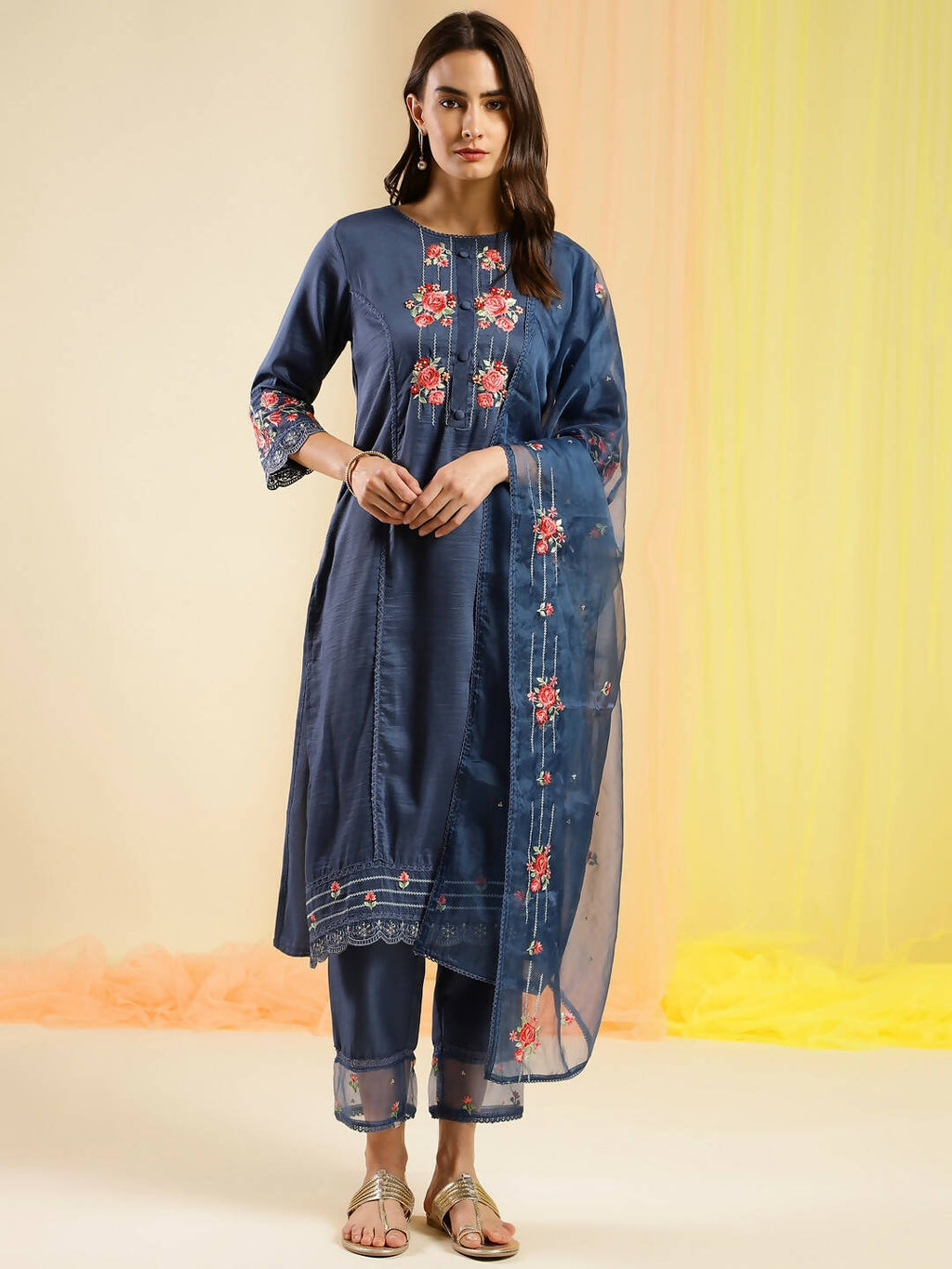 Navy Blue Chinon Embroidered Straight Kurta with Trouser & Dupatta - Salimar