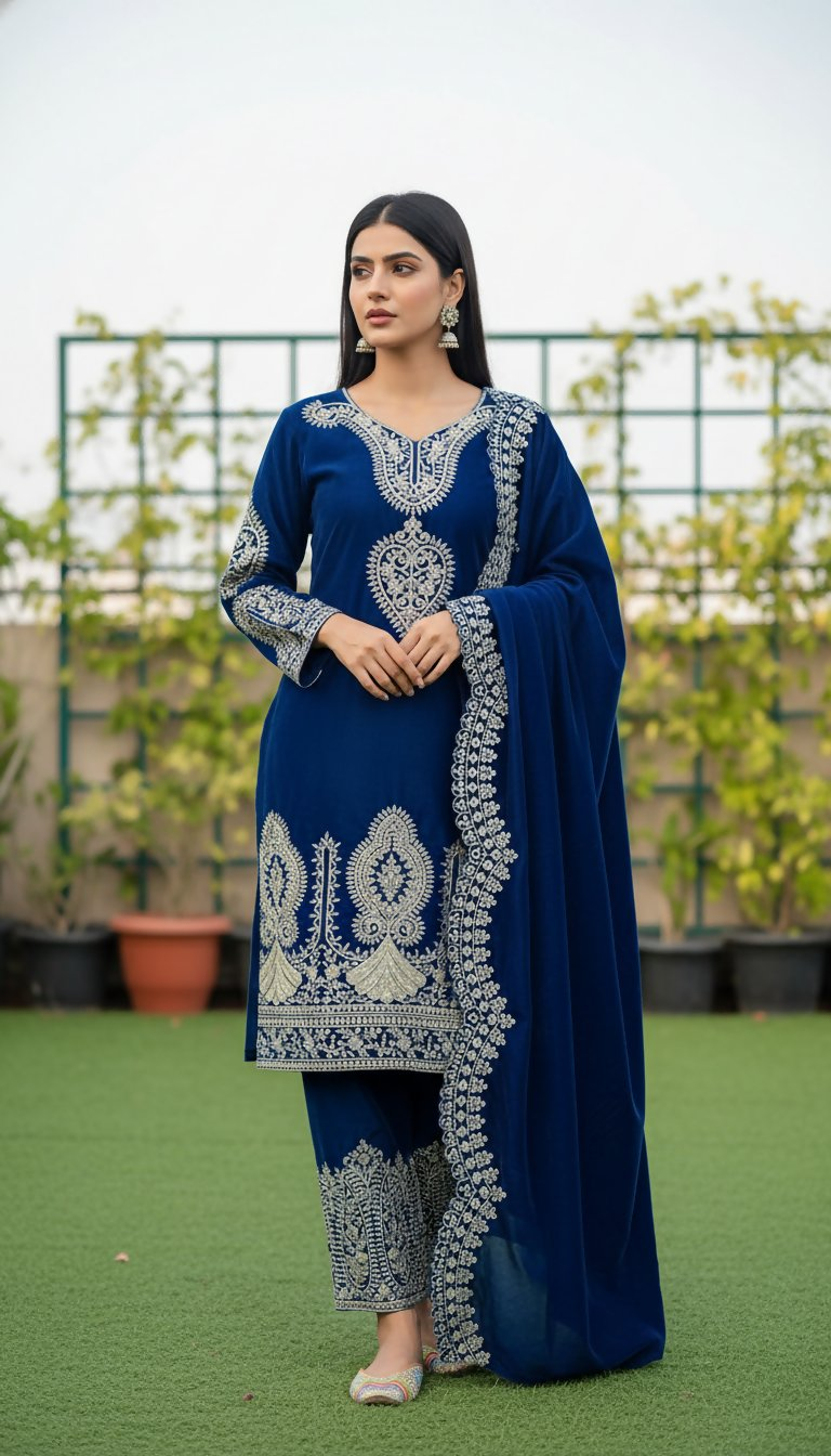 Teeya Creation Blue Color Velvet Designer Embroidery Work party Wear Suit