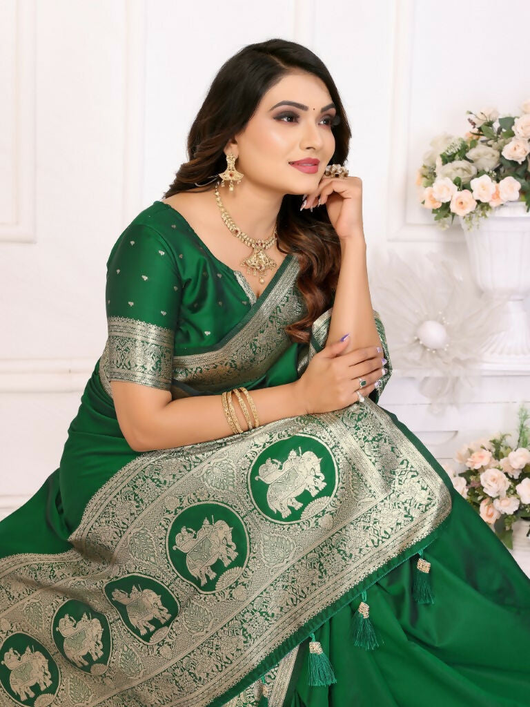 Anaita Dark Green Banarasi Silk With Beautiful Gala Weaving Saree With Blouse