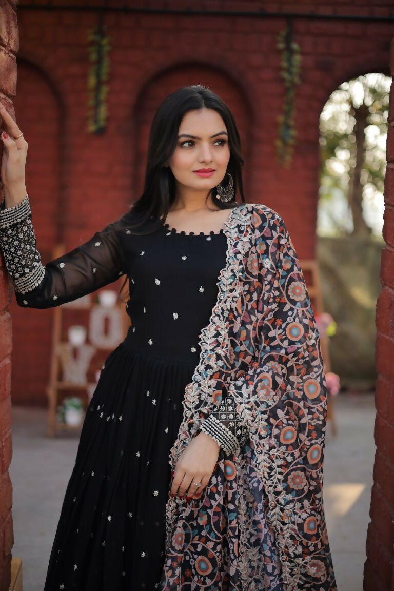 Jyoti Fashion Women's Black Faux Blooming Sequence Zari Embroidered Anarkali Dress with Dupatta