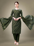 Jyoti Fashion Women's Dark Green Cotton Blend Embroidery & Sequence work Kurta with Trouser & Dupatta