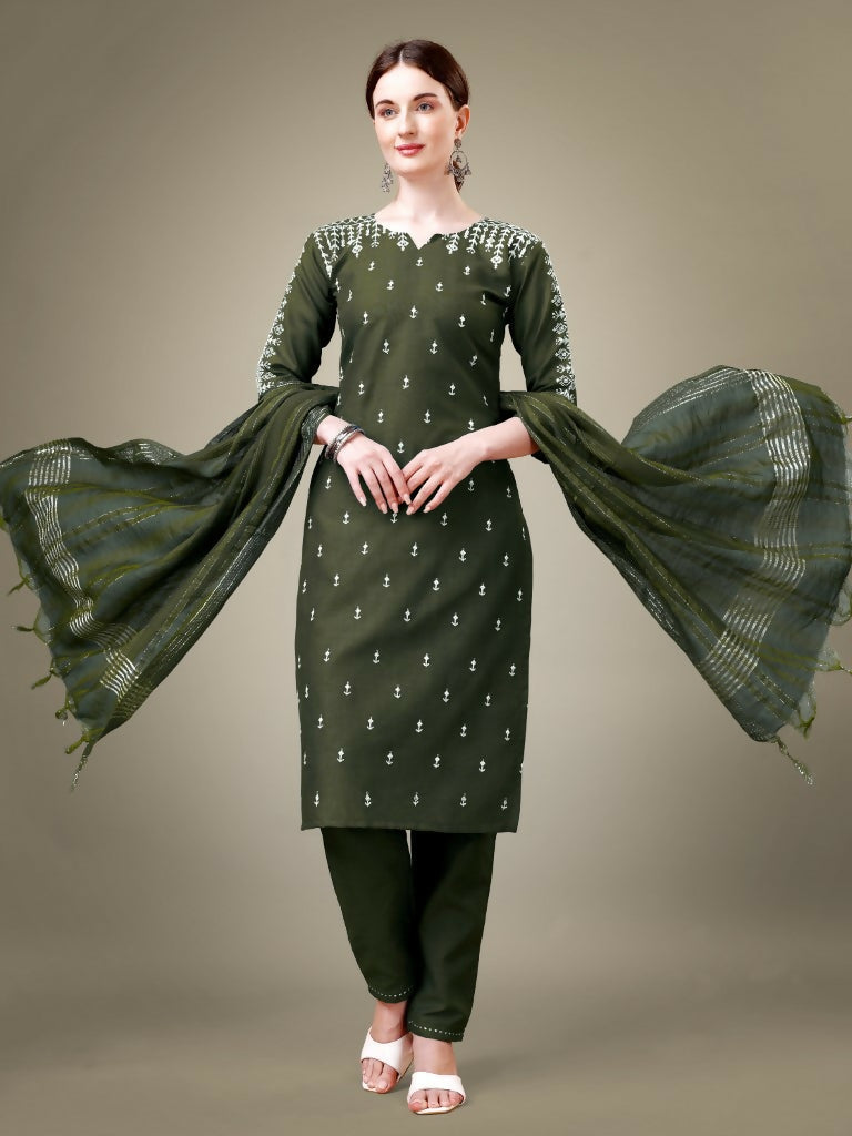 Jyoti Fashion Women's Dark Green Cotton Blend Embroidery & Sequence work Kurta with Trouser & Dupatta
