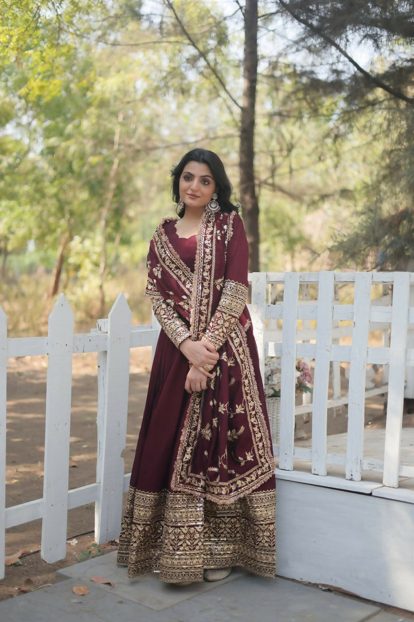 Vastranavya Premium Vichitra Shimmer with Rich Sequins Embroidered work Gown & Dupatta - Dark Maroon