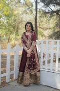 Vastranavya Premium Vichitra Shimmer with Rich Sequins Embroidered work Gown & Dupatta - Dark Maroon
