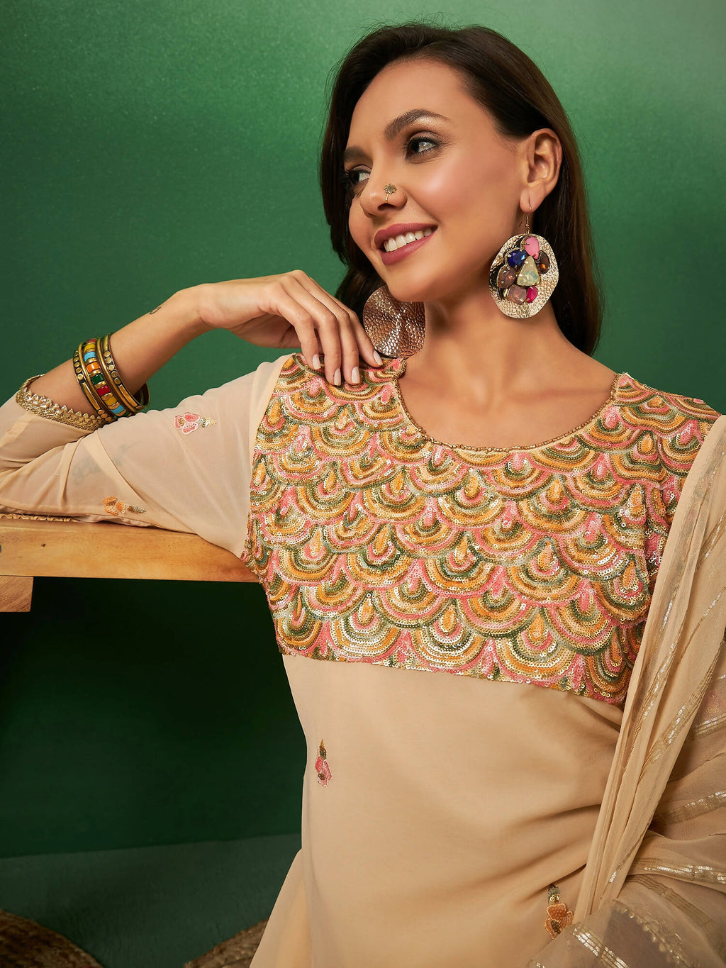 Light Orange Georgette Handwork Unstitched Dress Material - Hanika