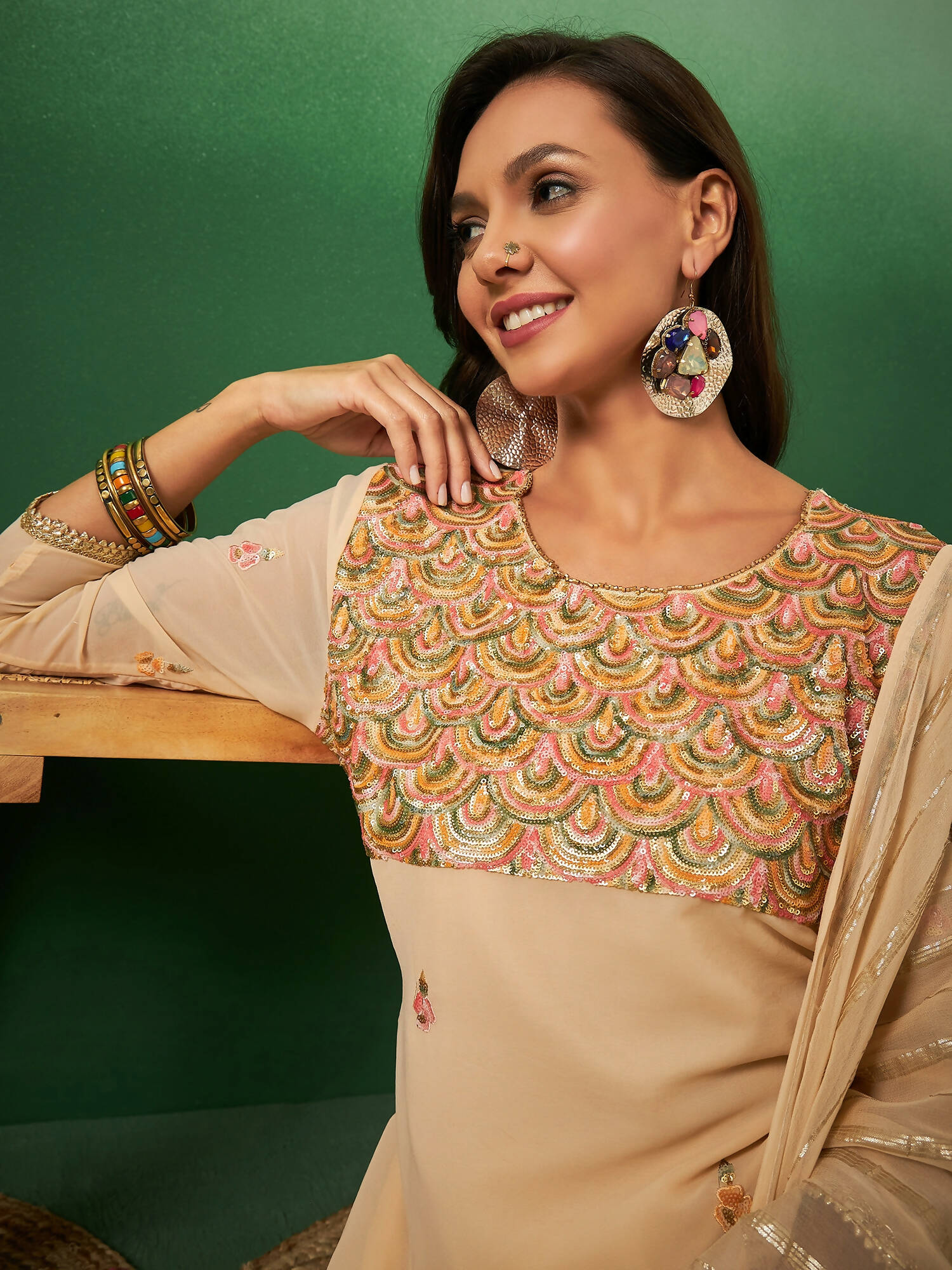 Light Orange Georgette Handwork Unstitched Dress Material - Hanika