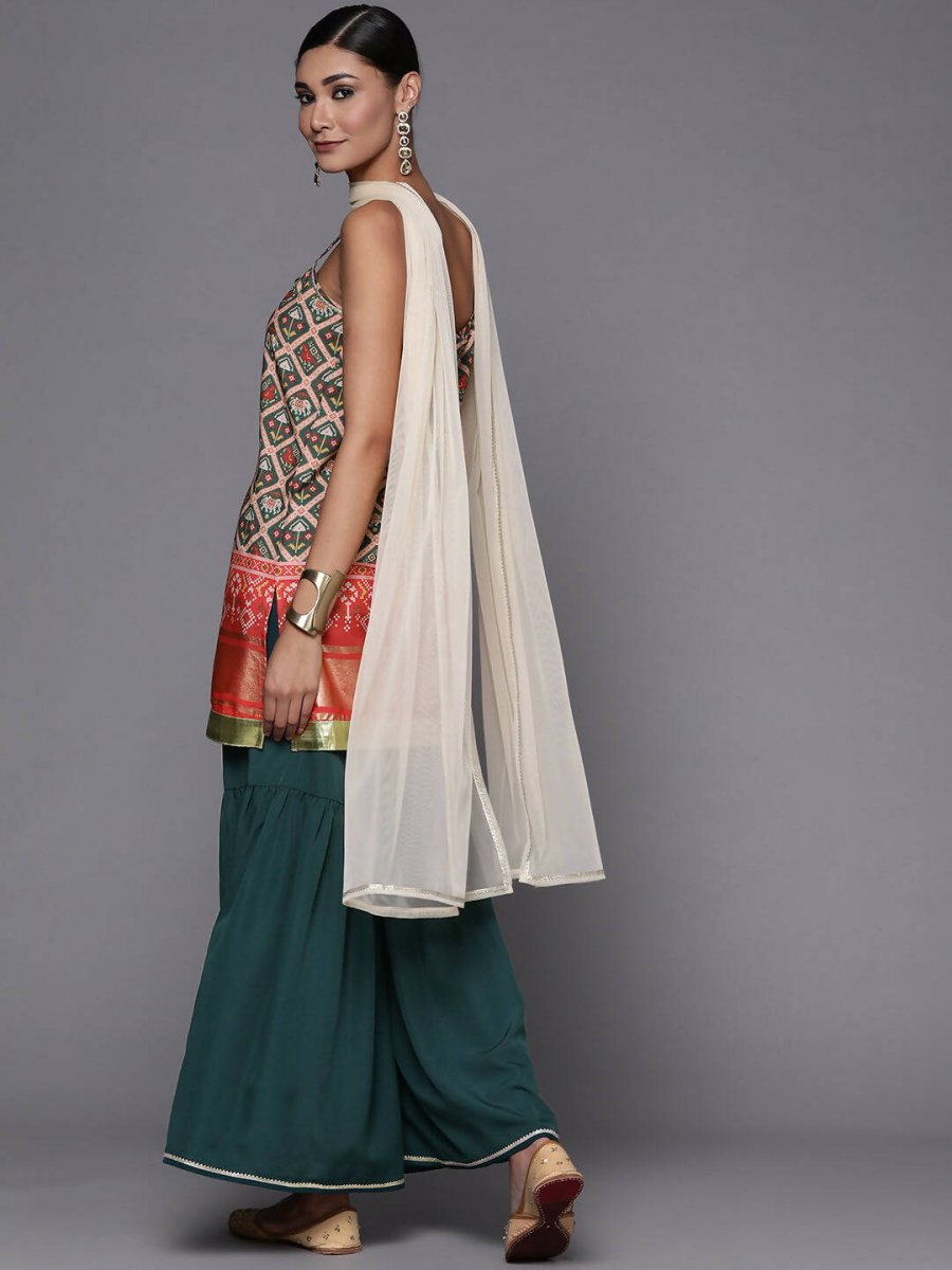 Ahalyaa Women Green & Red Ethnic Motifs Print Kurti with Sharara & Dupatta