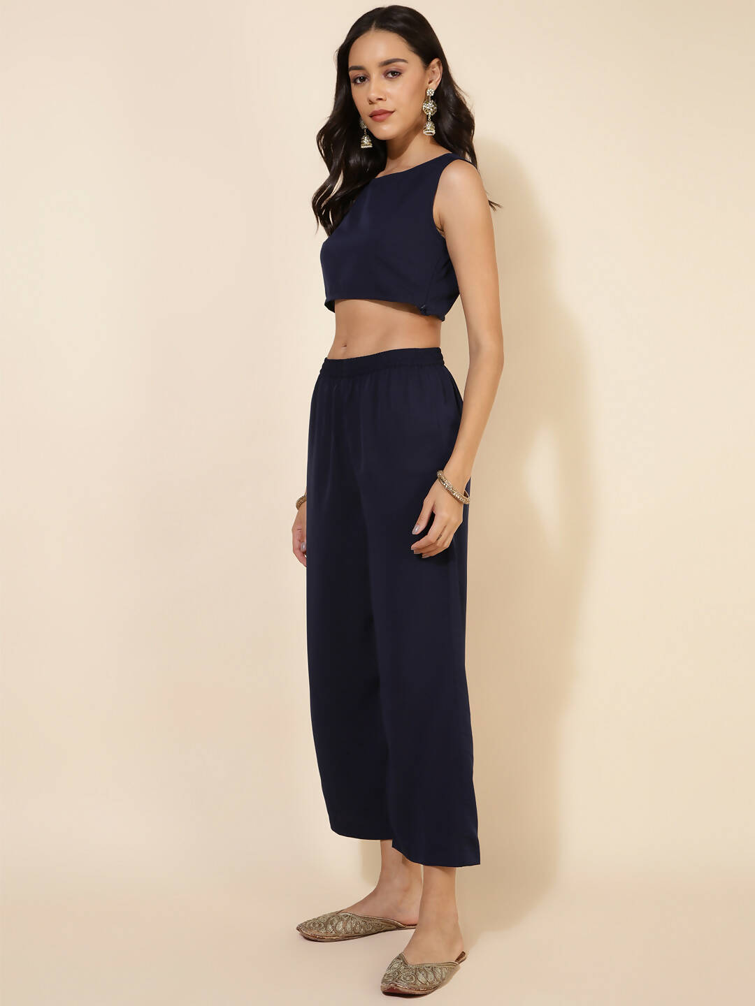 Janasya Women's Dark Blue Crepe Foil Printed Festive Crop Top Set