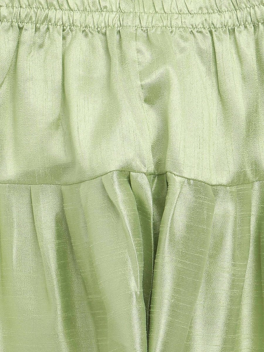Ahalyaa Green Poly Silk Gold Print Kids Kurta Churidar Set For Boys