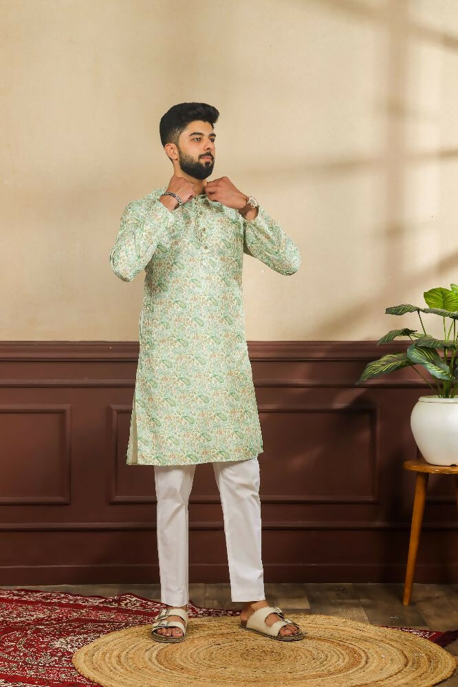 Green Art Silk Digital Printed, Embroidery Work Kurta Set - Mahotsav
